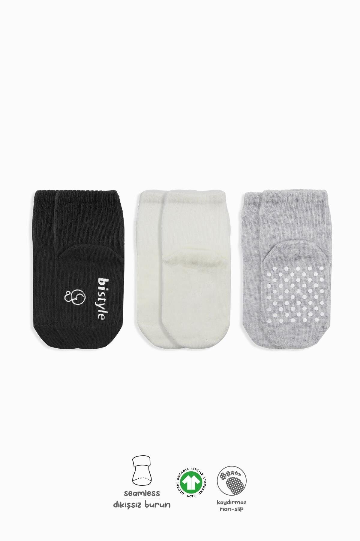 Bi̇style Basi̇c Kaymaz Penye Soket Çorap 3 Lü Bs10107 Si̇yah Ekru Gri̇