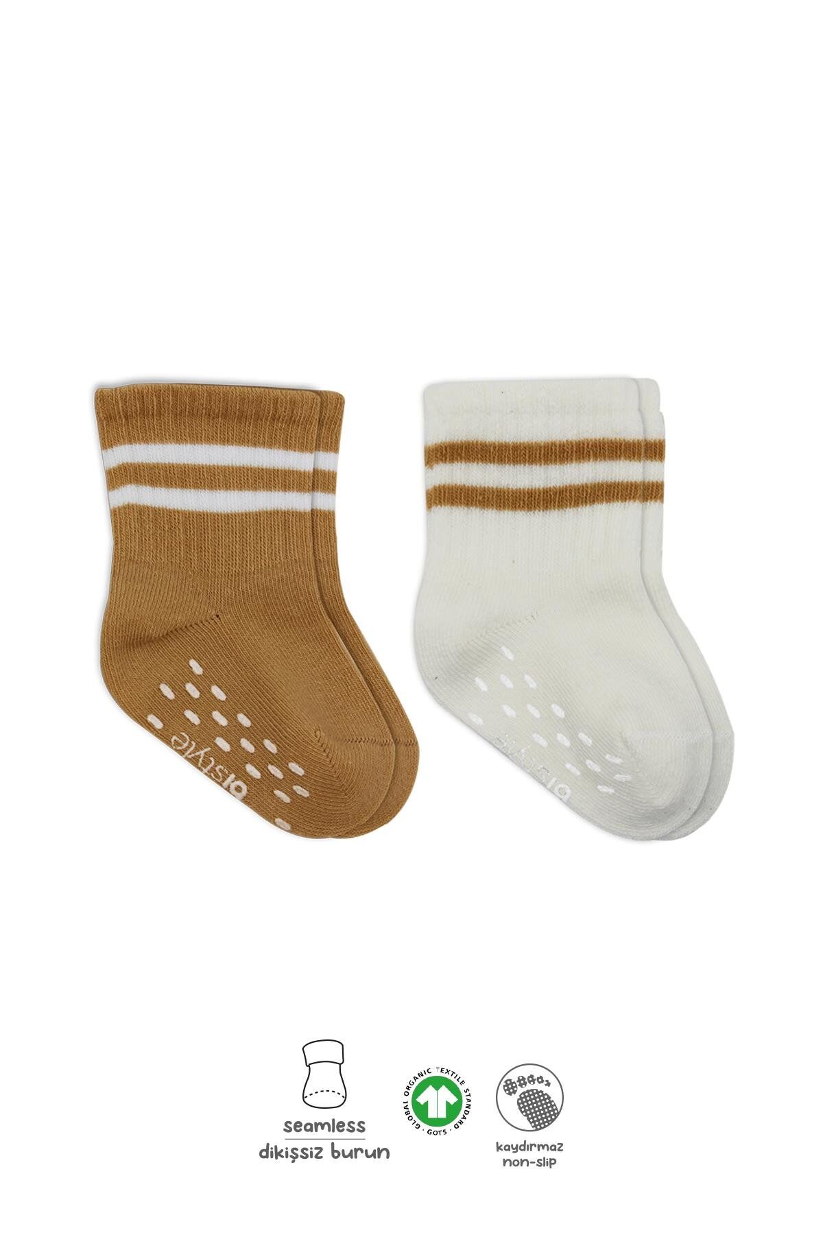 Bi̇style Çemberli̇ Kaymaz Soket Çorap 2 Li̇ Bs10125 Ekru Hardal