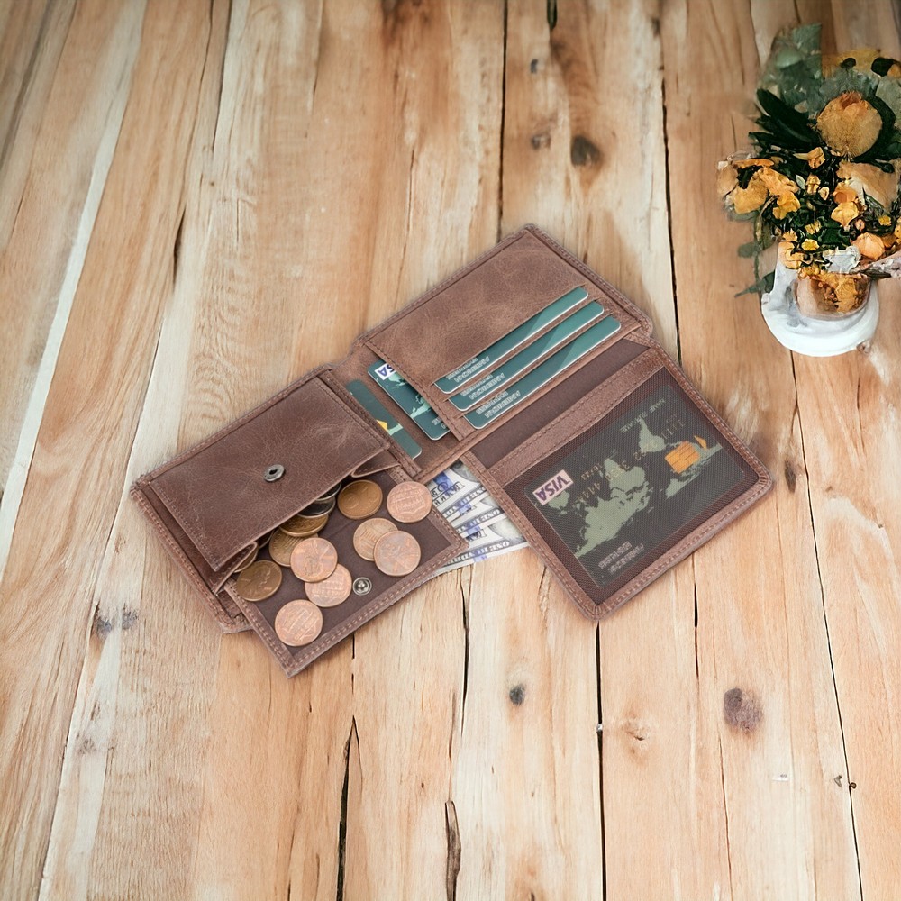 Deri̇ Cüzdan, 6 Kart Ve Bozuk Para Bölmeli̇, Karamel Kahve Deri̇