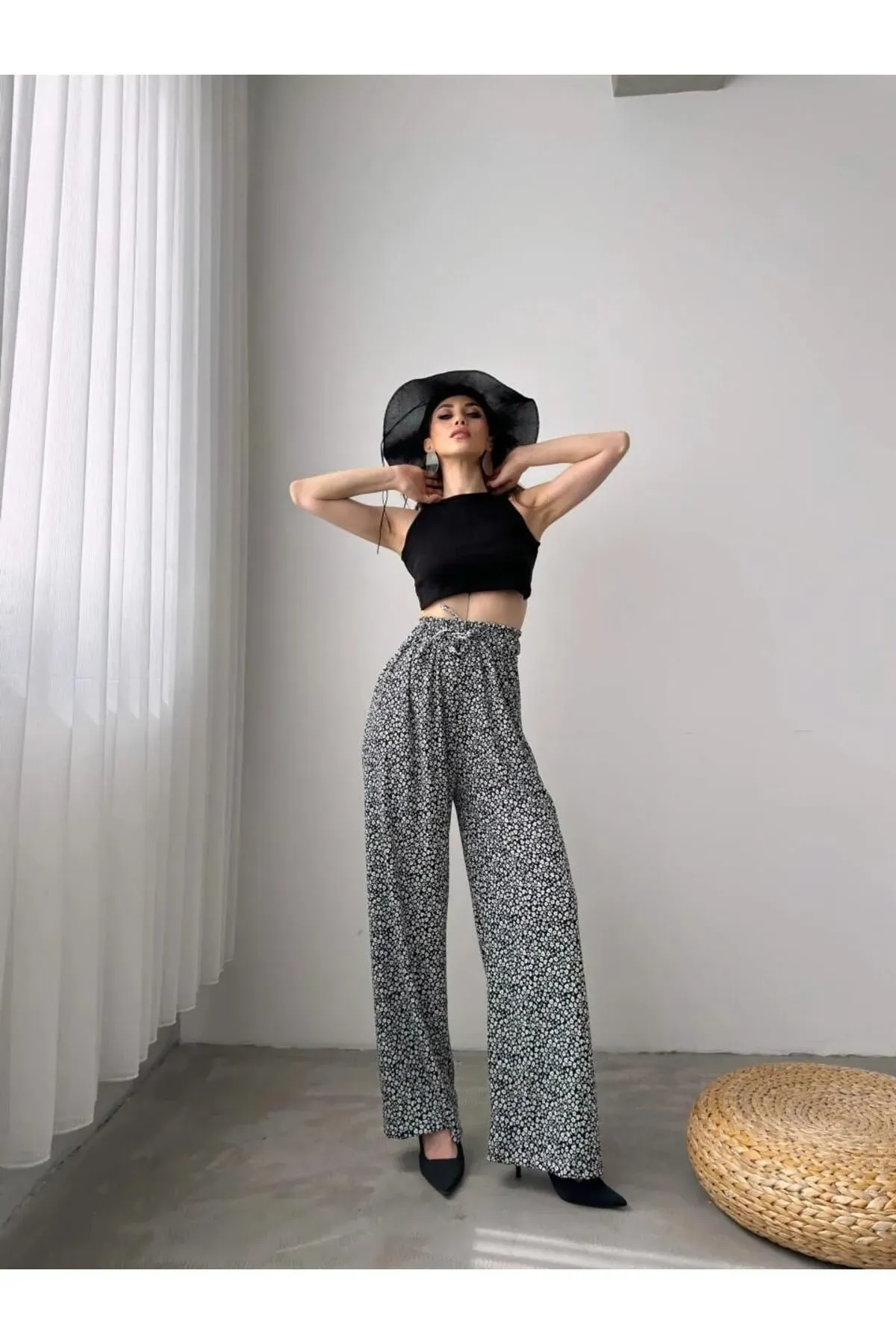 Desenli̇ Beli̇ Lasti̇kli̇ Bürümcük Pantolon -Gri̇