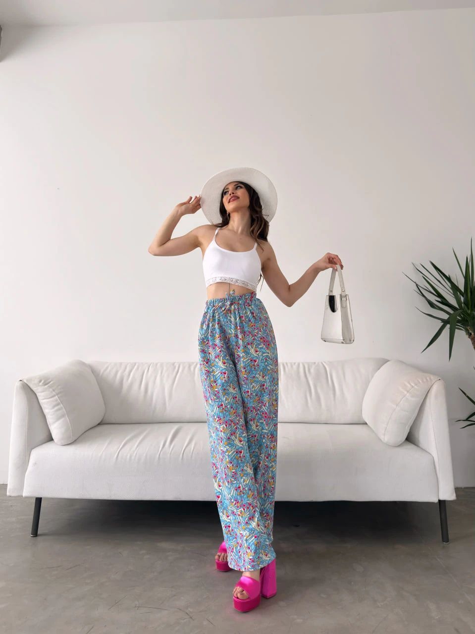 Desenli̇ Beli̇ Lasti̇kli̇ Bürümcük Pantolon - Mavi̇