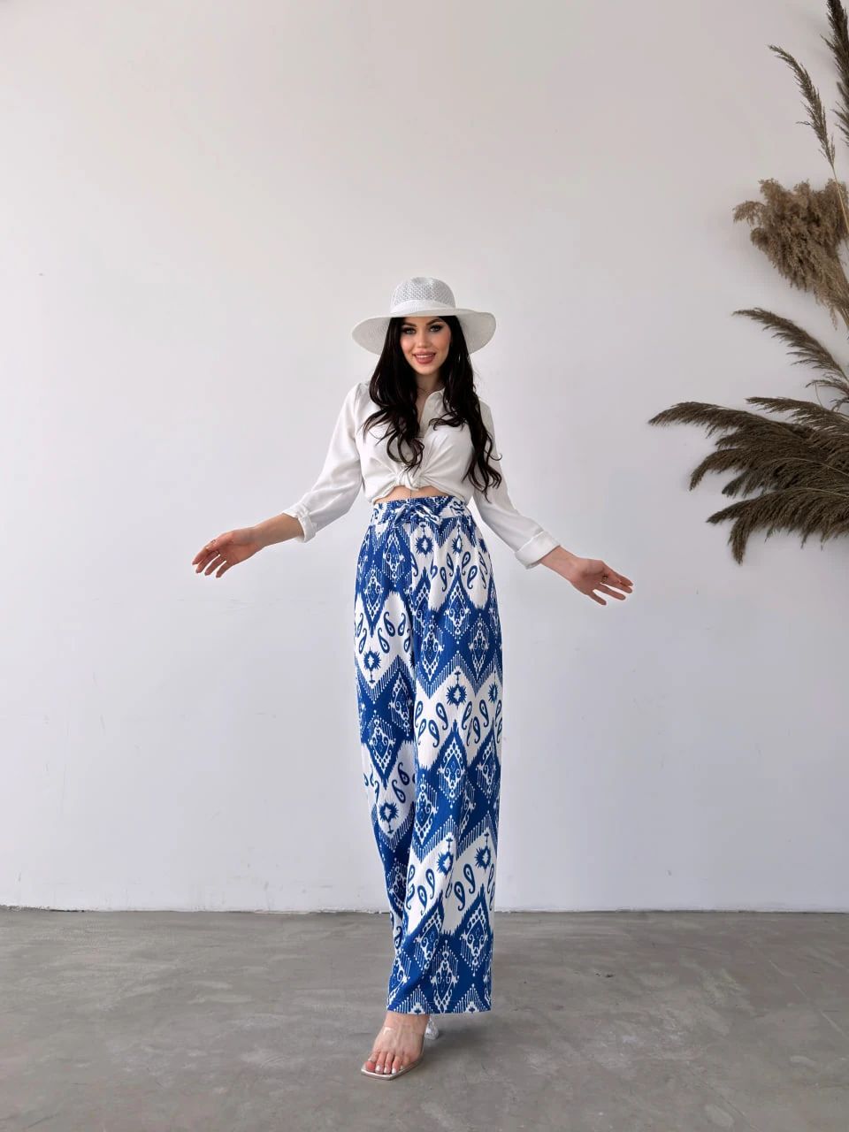 Desenli̇ Beli̇ Lasti̇kli̇ Bürümcük Pantolon -Mavi̇-Beyaz