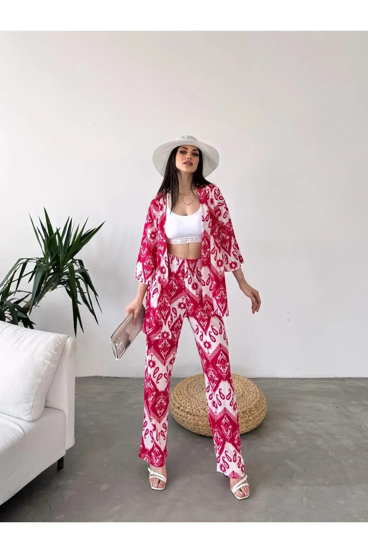 Desenli̇ Ki̇mono &Amp Pantolon Iki̇li̇ Takım