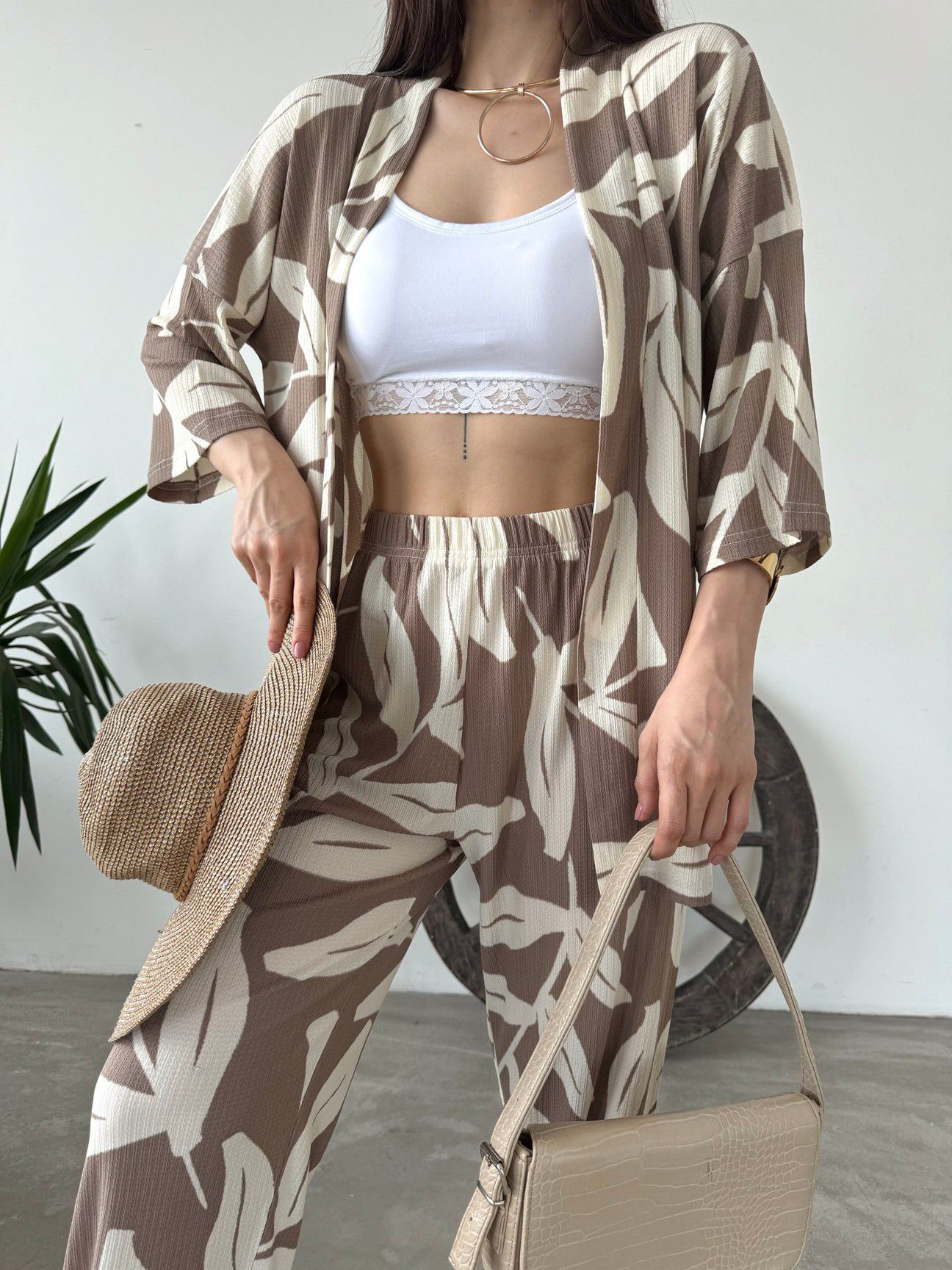 Desenli̇ Ki̇mono &Amp Pantolon Iki̇li̇ Takım - Kahve
