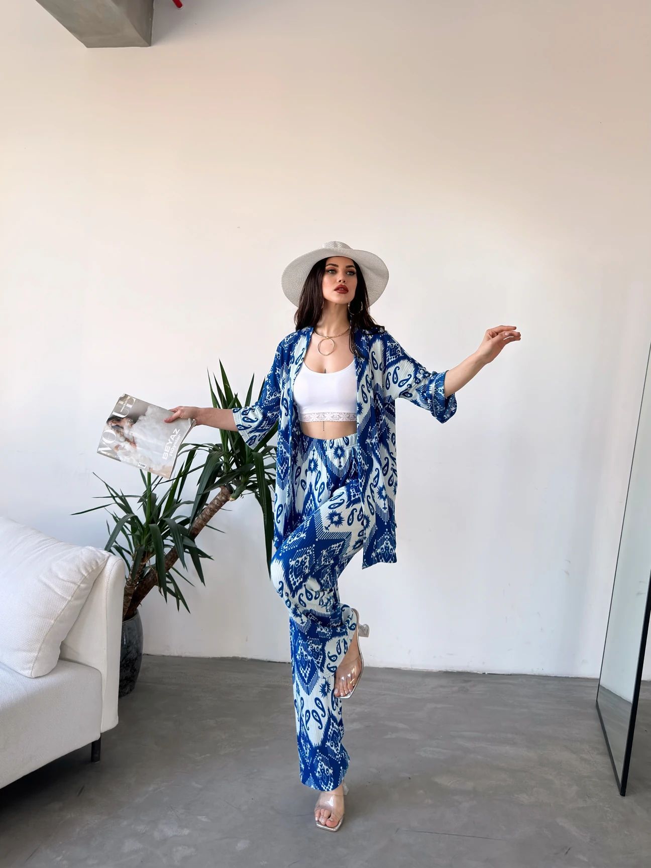 Desenli̇ Ki̇mono &Amp Pantolon Iki̇li̇ Takım- Mavi̇