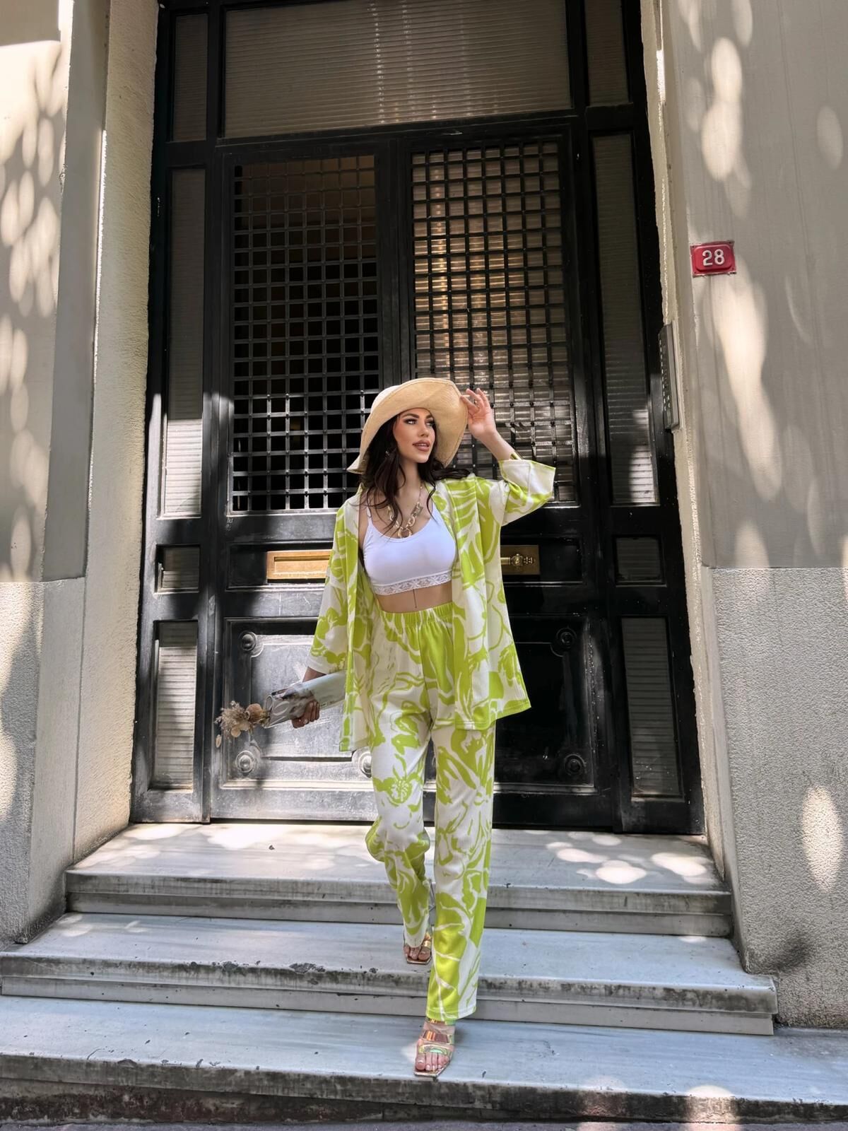 Desenli̇ Ki̇mono &Amp Pantolon Iki̇li̇ Takım -Yeşi̇l