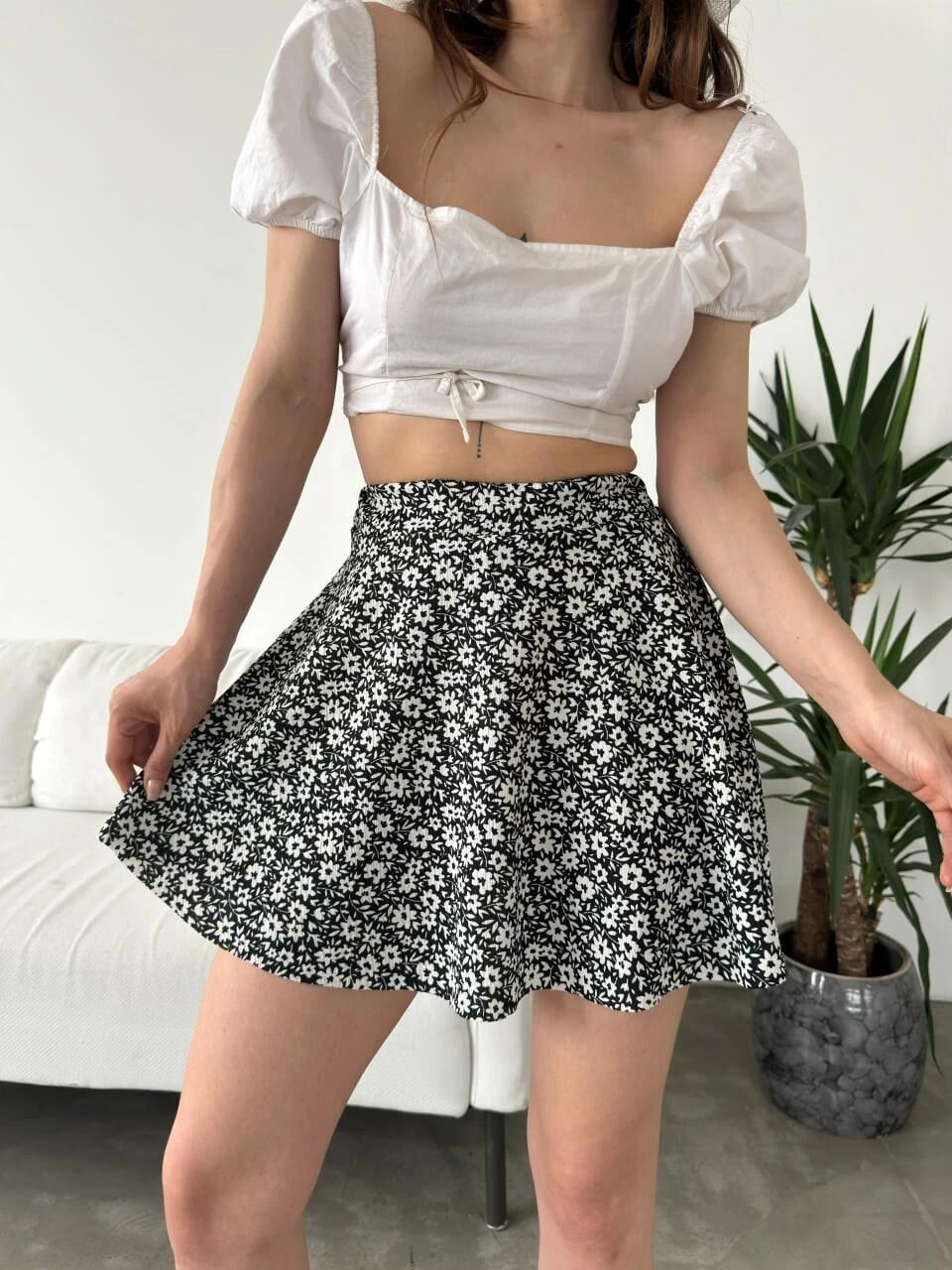 Desenli̇ Kri̇nkıl Şortlu Etek -Gri̇