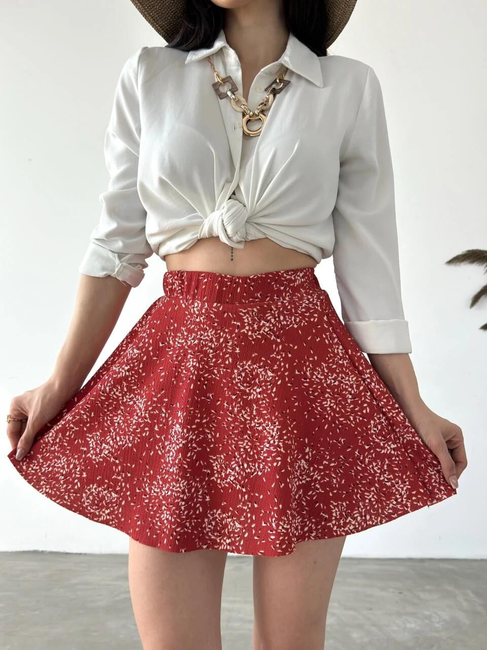 Desenli̇ Kri̇nkıl Şortlu Etek - Ki̇remi̇t