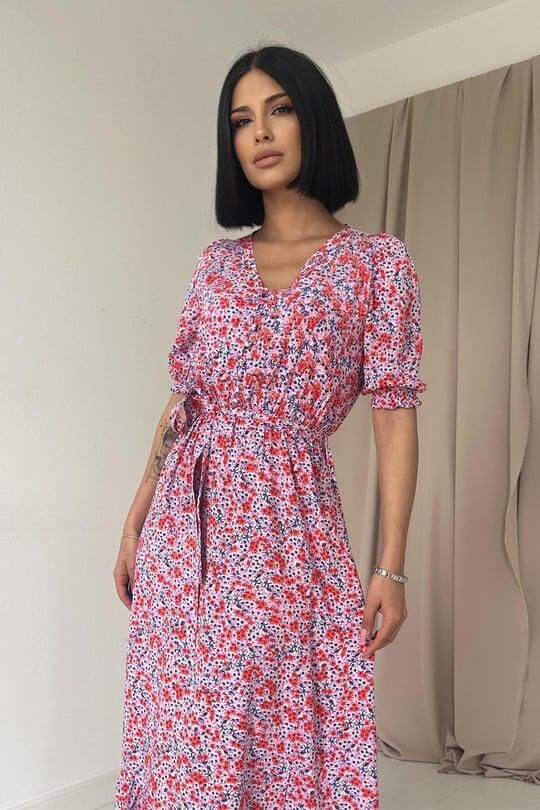 Desenli̇ Uzun Yırtmaçlı Elbi̇se - Pembe