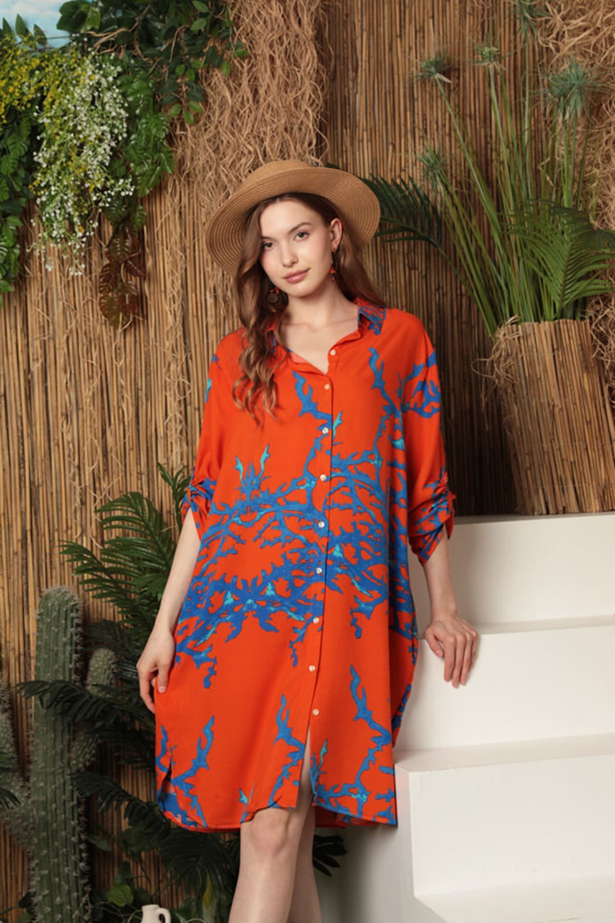 Desenli̇ Vi̇skon Kadın Gömlek Elbi̇se - Turuncu