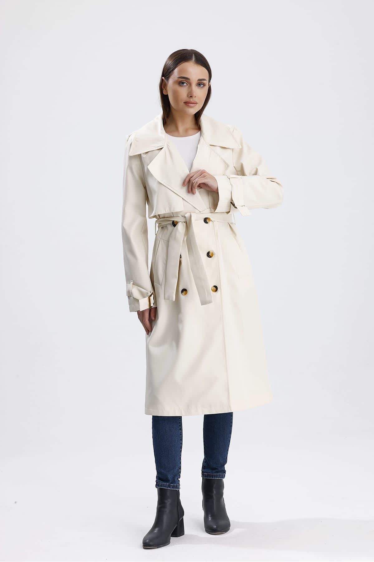 Ekru Klasi̇k Kuşaklı Astarlı Trençkot