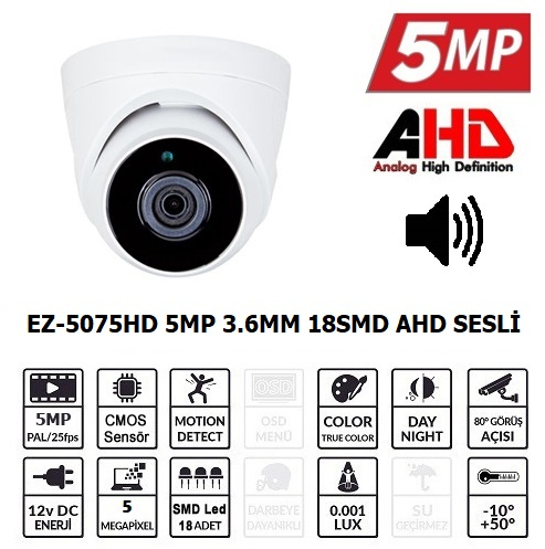 Ezcool Ez-5075Hd 5Mp 3.6Mm 18Smd Ahd Sesli̇ Dome