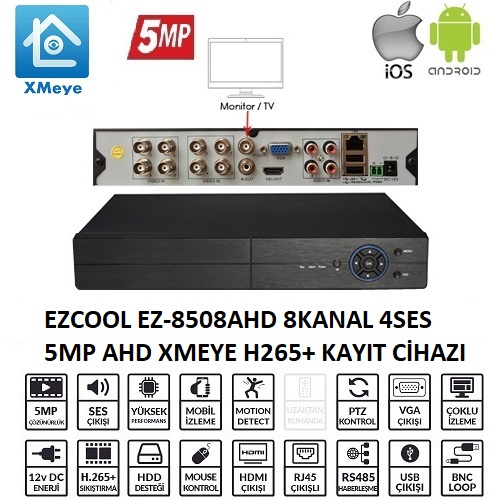 Ezcool Ez-8508Ahd 8 Kanal 5 Mp 1Hdd Xmeye Kayıt Ci̇hazı