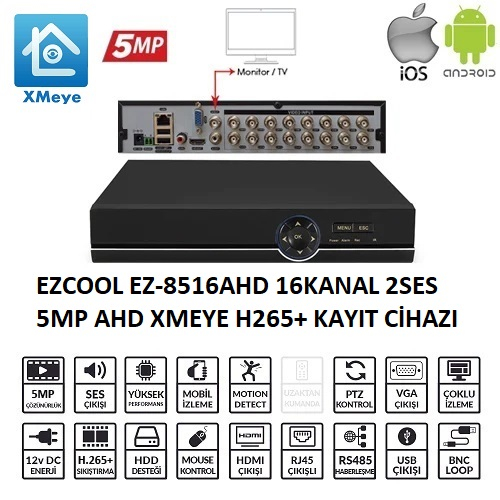 Ezcool Ez-8516Ahd 16 Kanal 5 Mp 1Hdd Xmeye Kayıt Ci̇hazı
