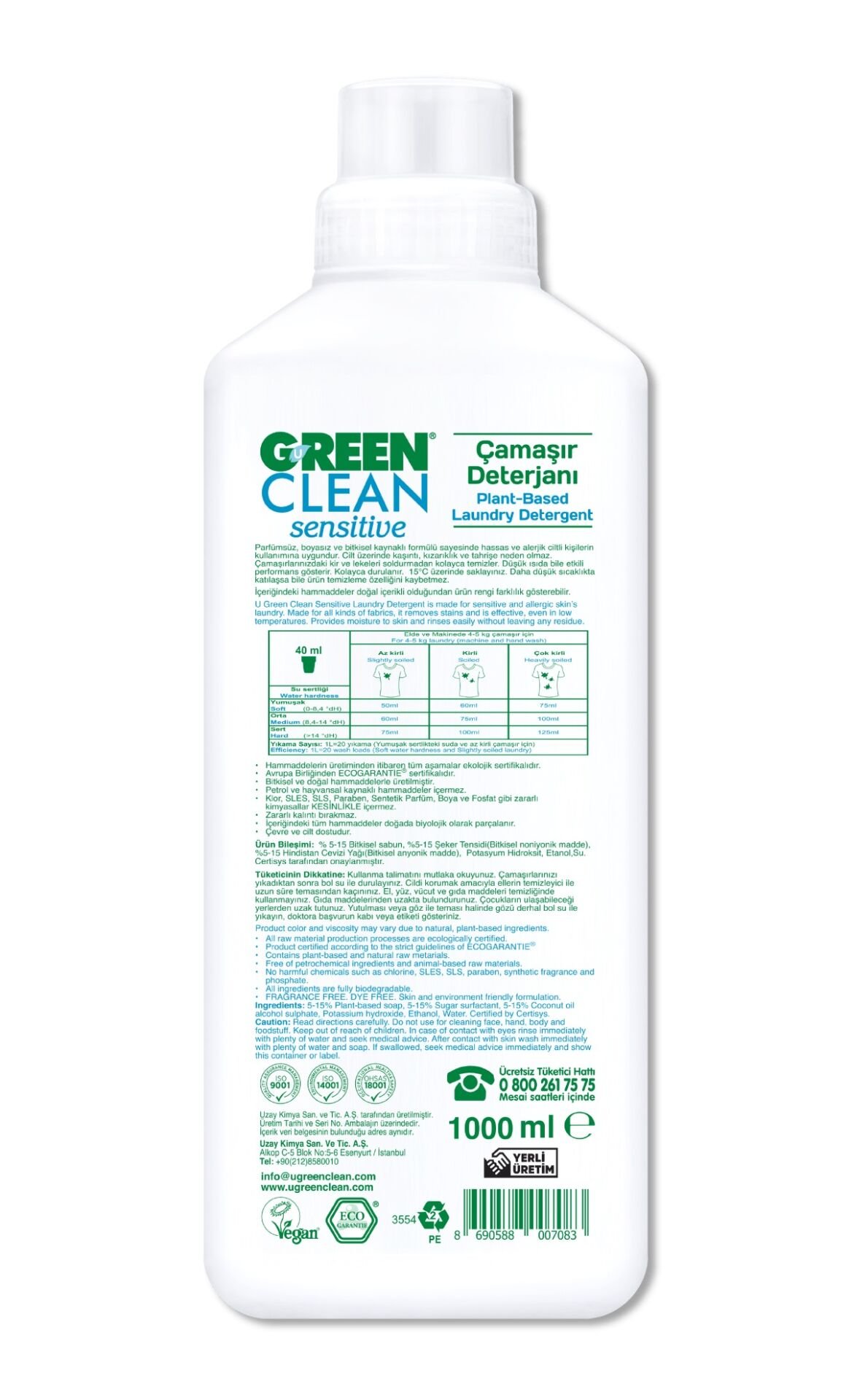 Green Clean Sensi̇ti̇ve Parfümsüz Bi̇tki̇sel Çamaşır Deterjanı 1000Ml