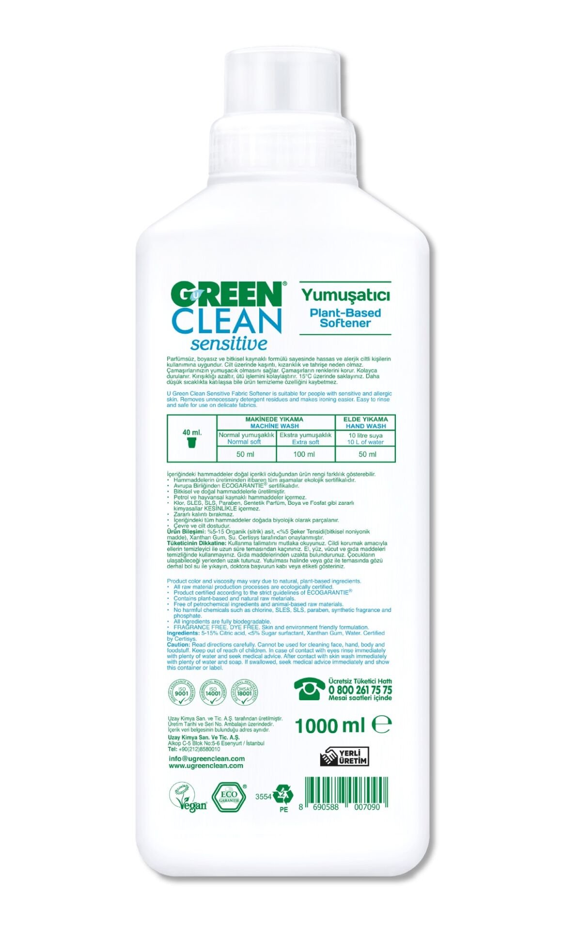 Green Clean Sensi̇ti̇ve Parfümsüz Bi̇tki̇sel Yumuşatıcı 1000Ml