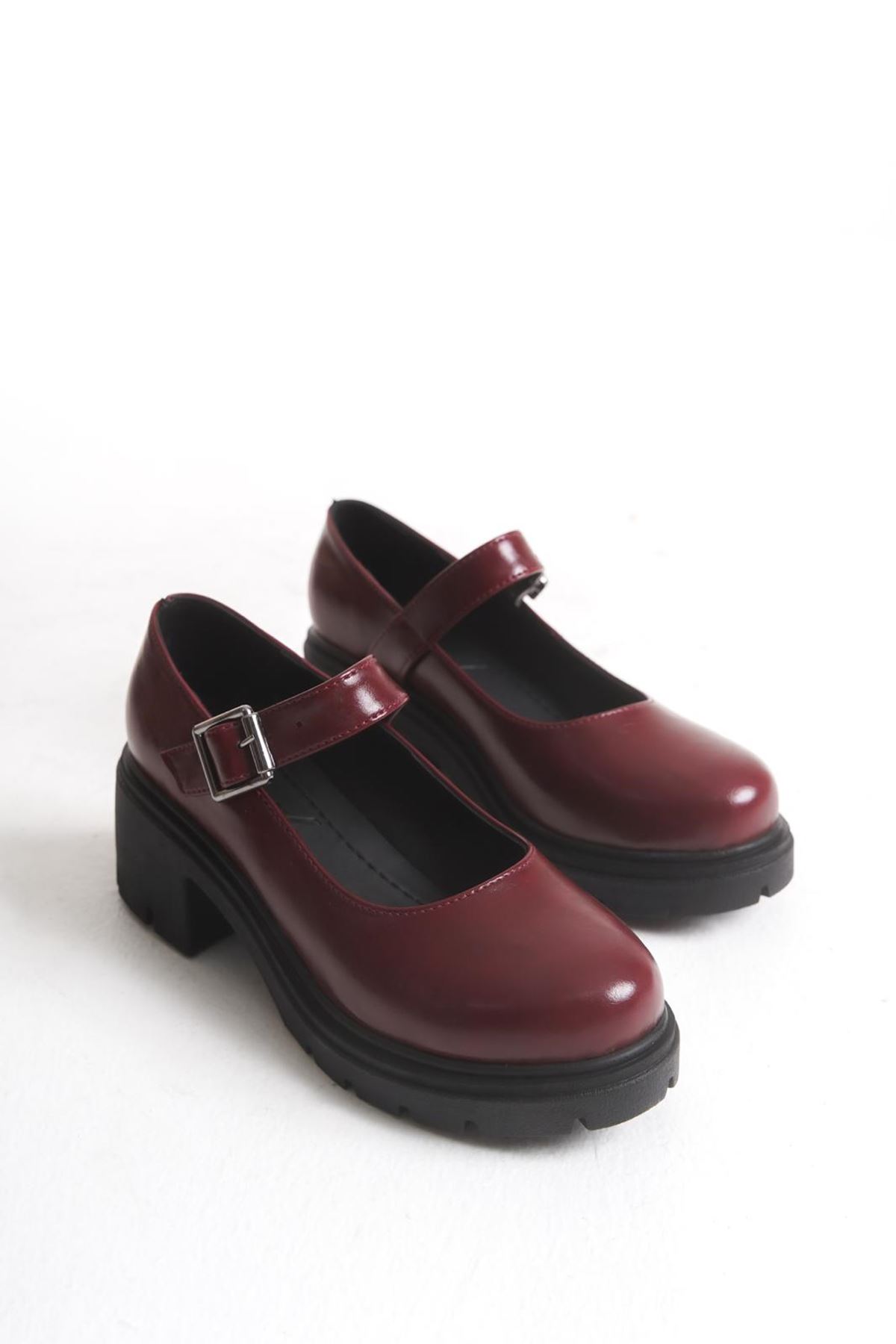 K-708 Bordo Kırışık Rugan Tokalı Yüksek Tabanlı Loafer Ayakkabı