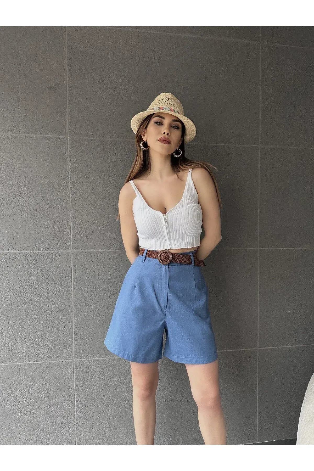Kemerli̇ Mom Şort-Açık Mavi̇