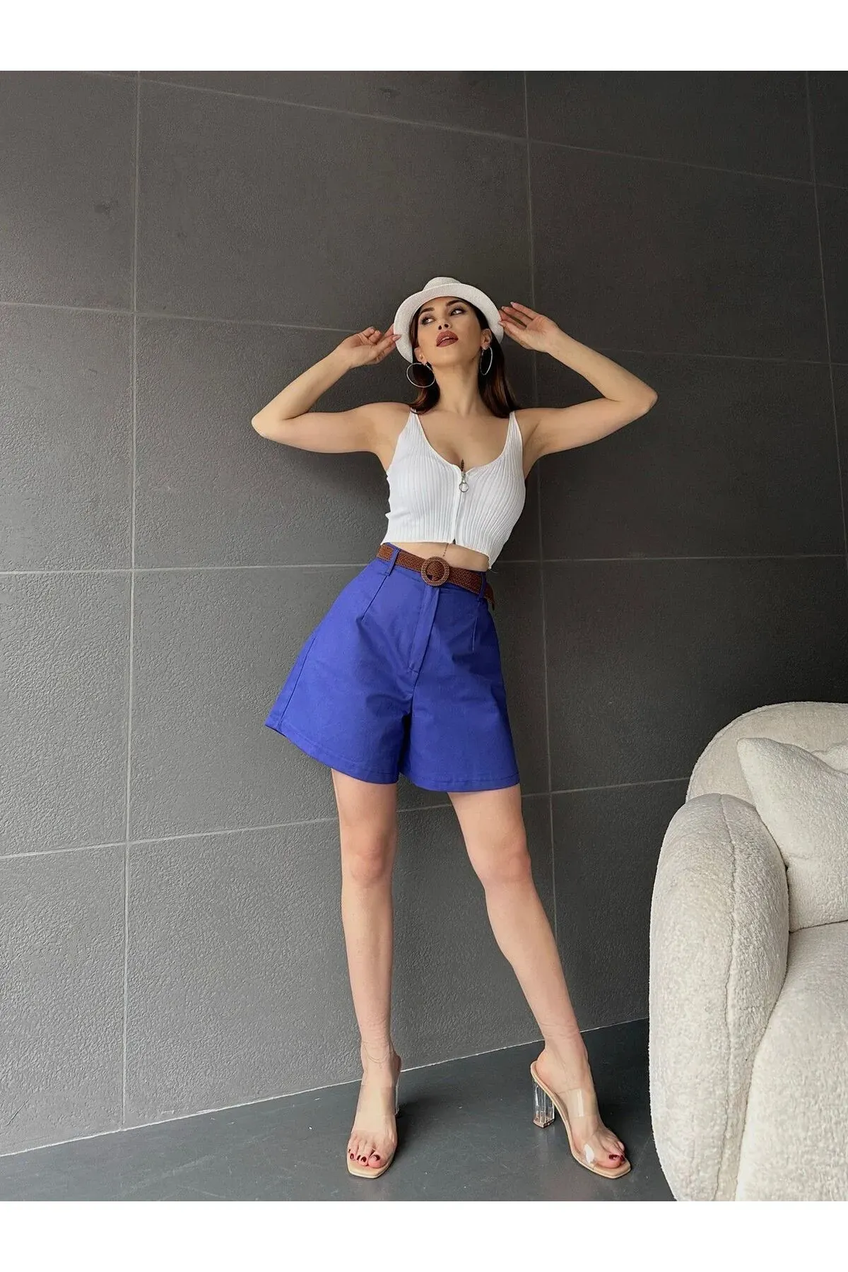 Kemerli̇ Mom Şort - Mavi̇