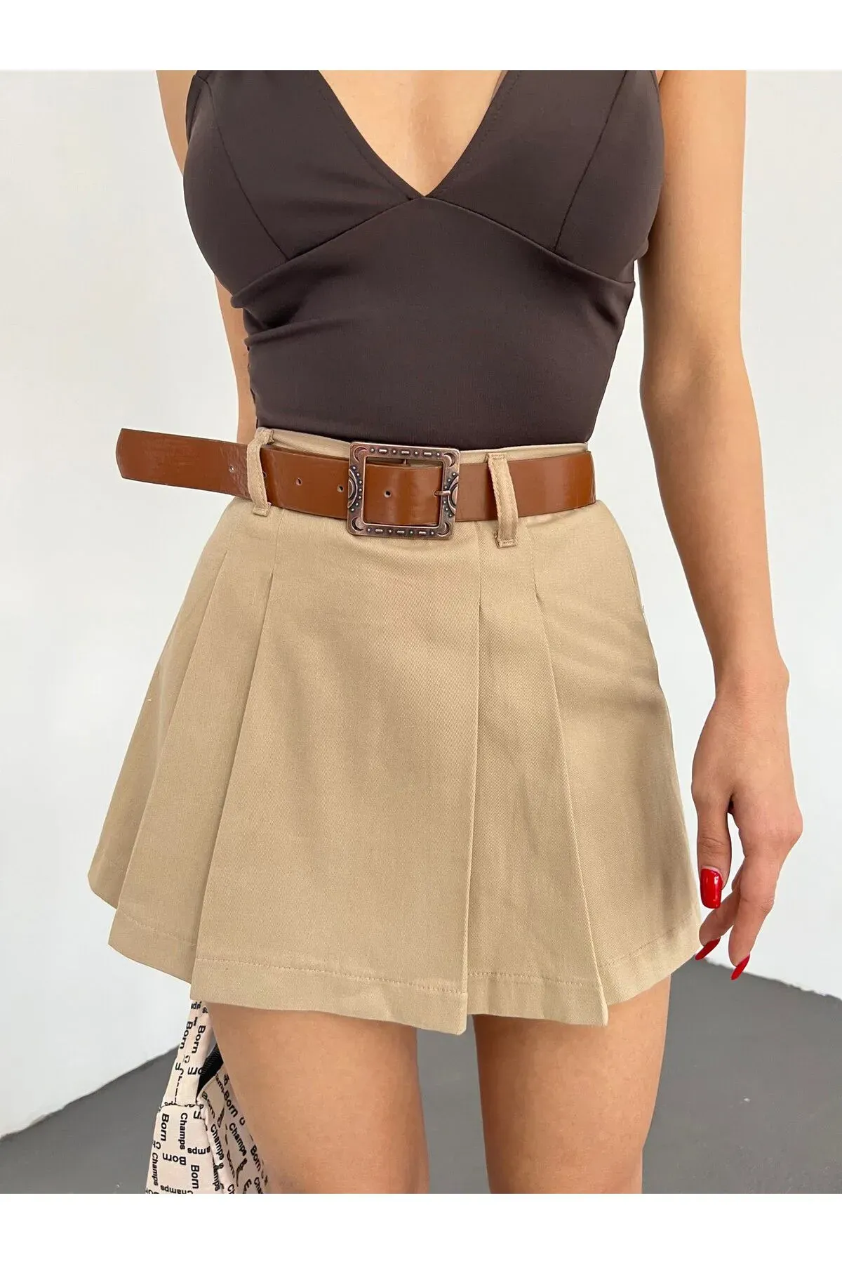 Kemerli̇ Pi̇leli̇ Şort Etek -Kahve