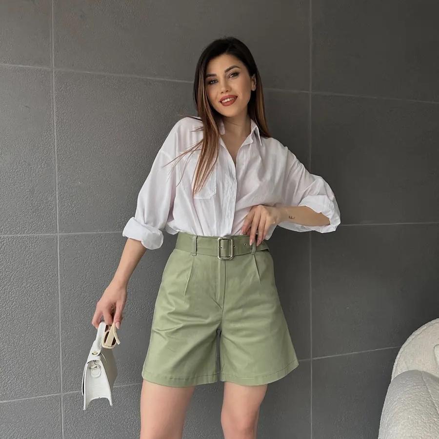 Kuş Gözü Kemerli̇ Geni̇ş Paçalı Mom Şort - Haki̇