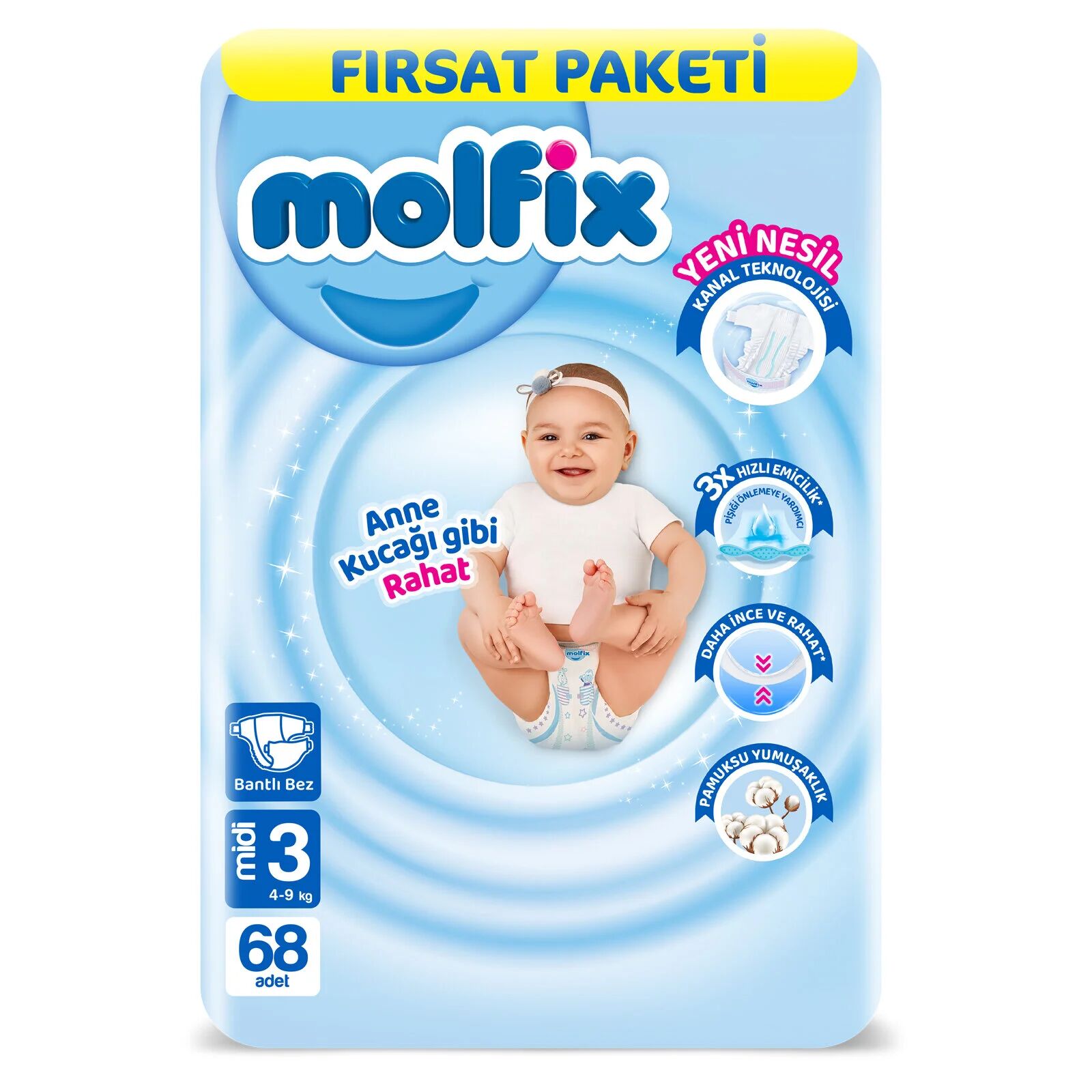 Molfi̇x Bebek Bezi̇ Fırsat Paketi̇ 3 Beden 4-9 Kg 68 Adet
