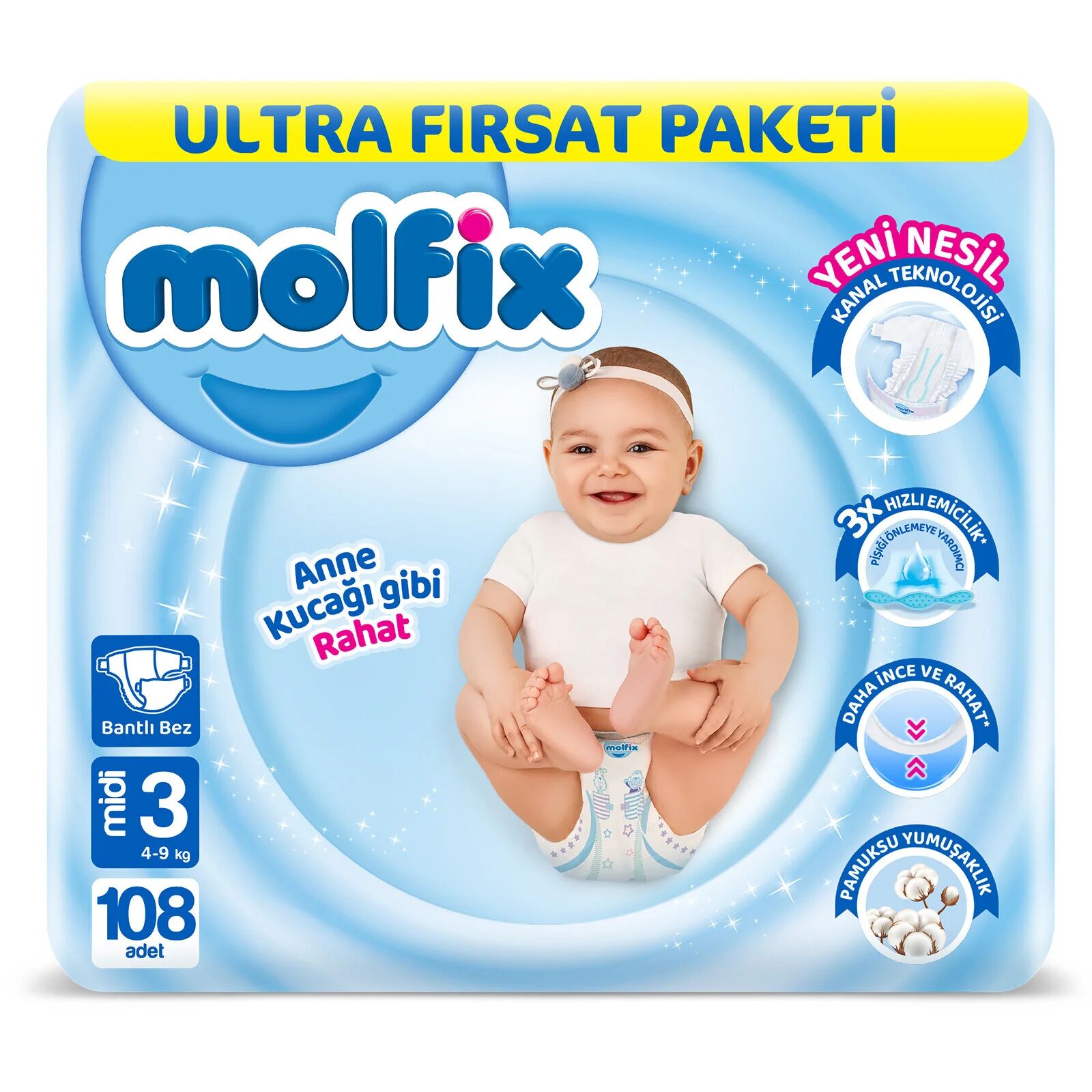 Molfi̇x Bebek Bezi̇ Ultra Fırsat Paketi̇ 3 Beden 4-9 Kg 108 Adet