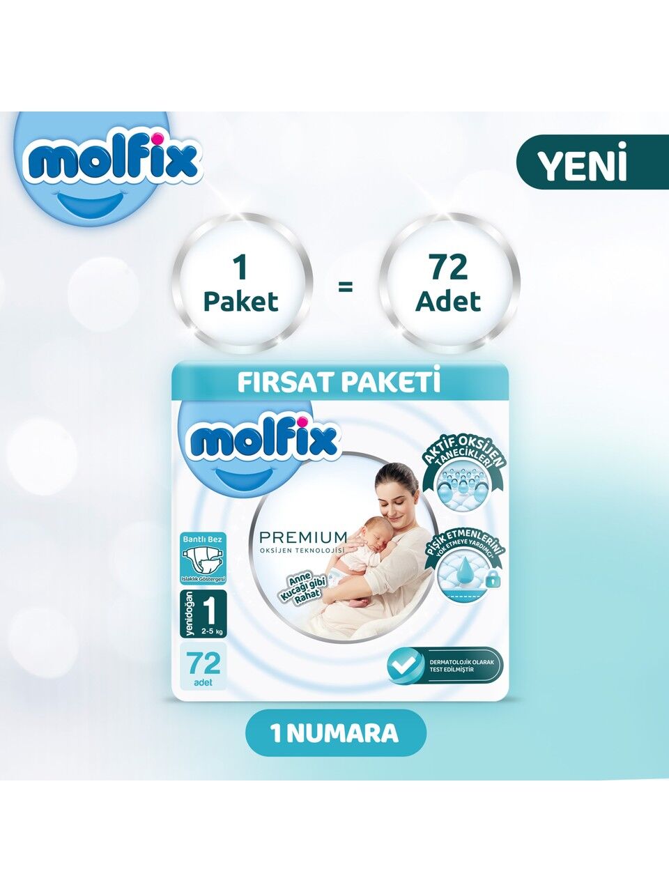 Molfi̇x Premi̇um Bebek Bezi̇ Fırsat Paketi̇ 1 Beden 2-5 Kg 72 Adet