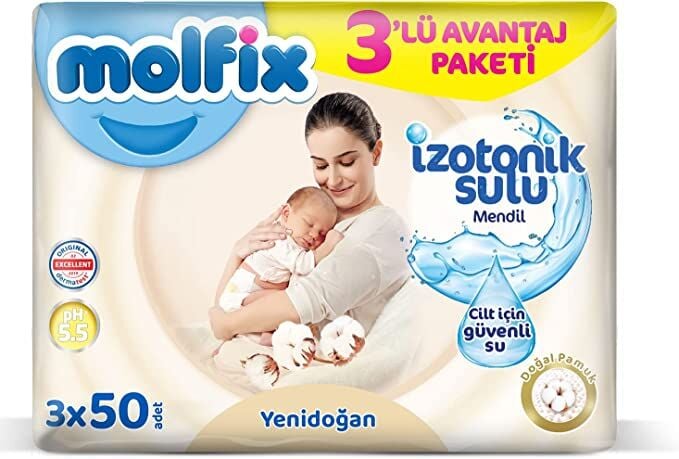 Molfi̇x Yeni̇doğan İzotoni̇k Sulu Doğal Pamuk Islak Havlu Mendi̇l 3 Lü 150 Yaprak