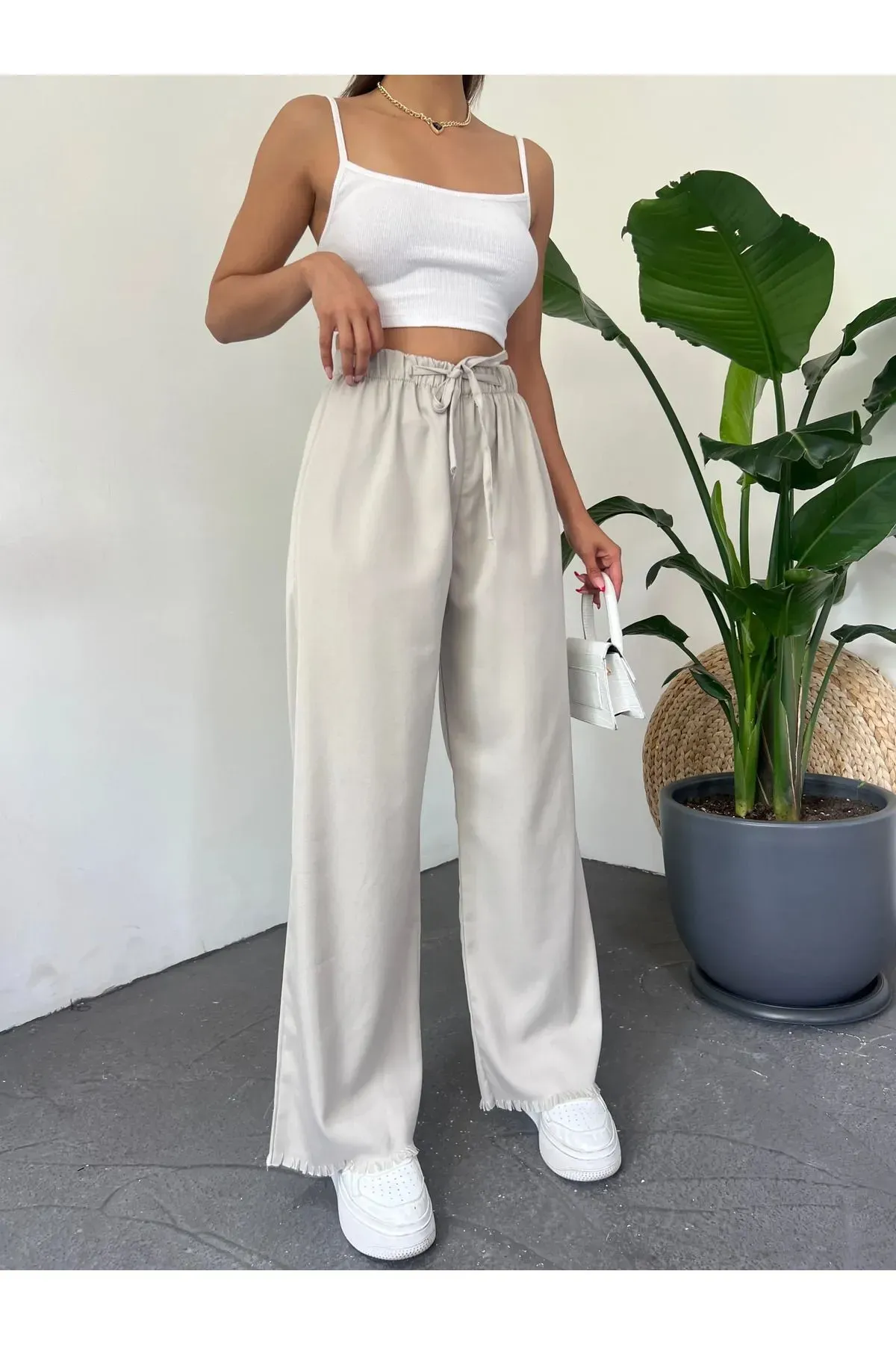 Paçası Püsküllü Palazzo Pantolon -Taş