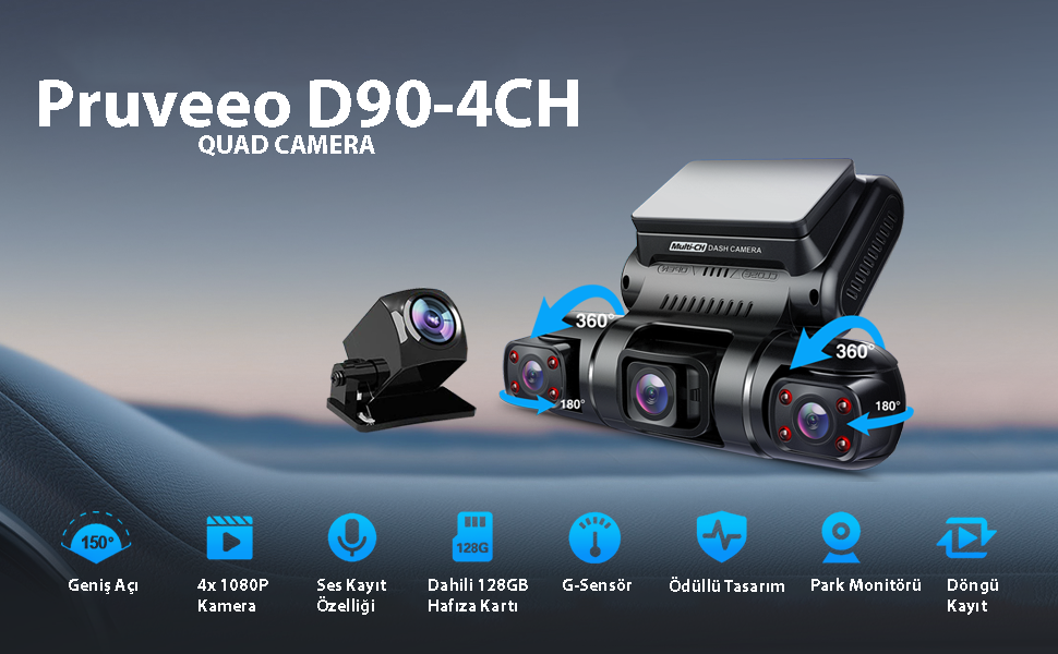 Pruveeo D90-4Ch Fhd Wı-Fı Gps + 128Gb Sd Kart Kame