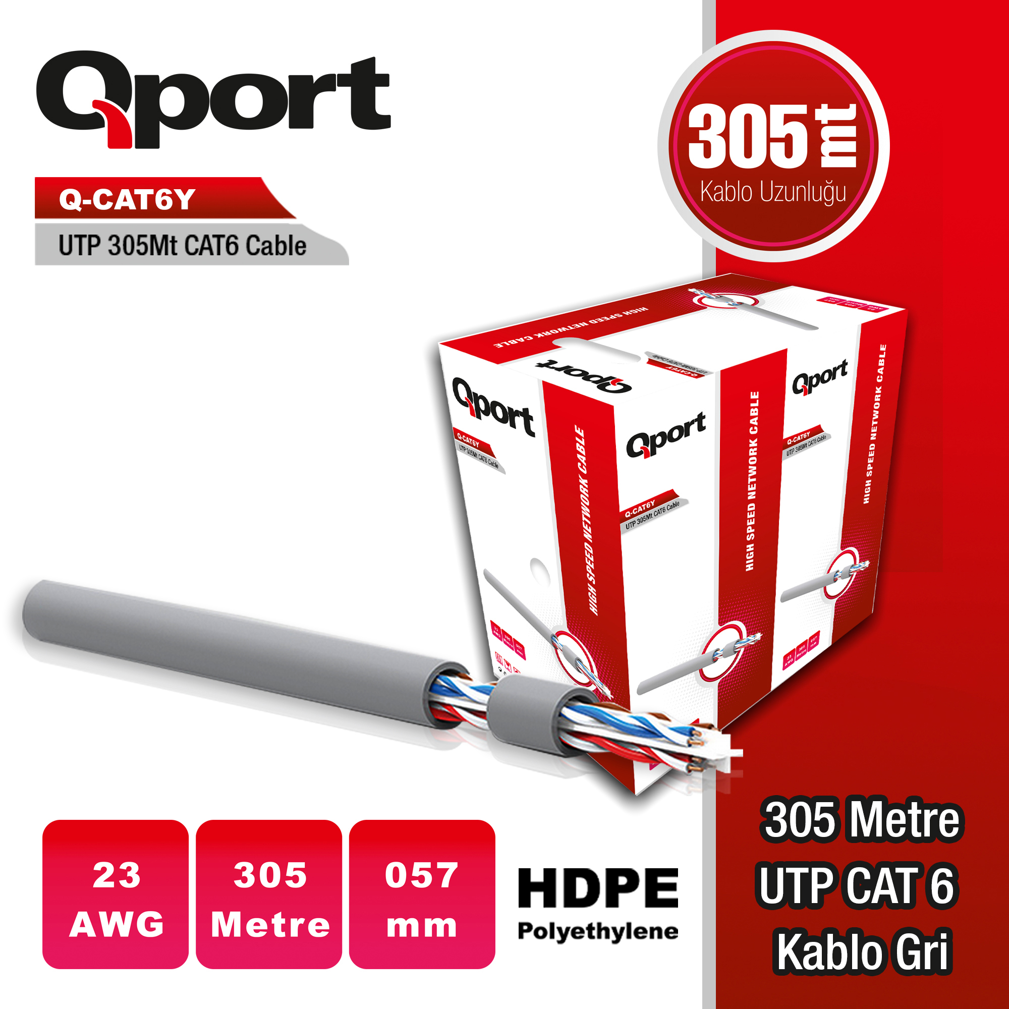Qport Q-Cat6Y 305 Metre 23Awg Grı Cat6 Utp Pe Kablo