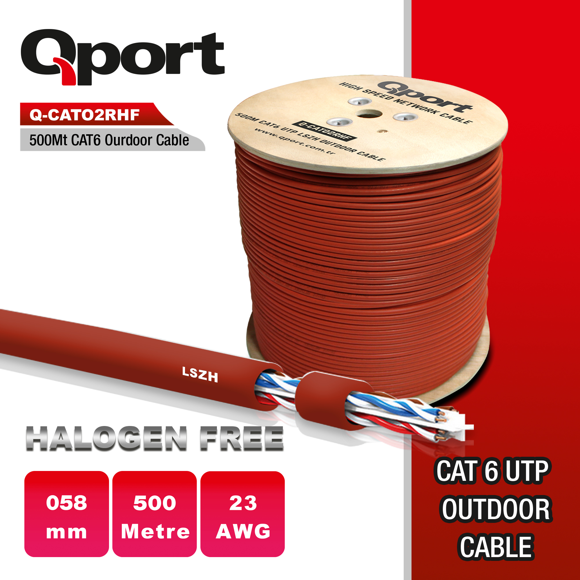 Qport Q-Cato2Rhf Lszh 500M 23Awg Makaralı Halogen Free Kablo