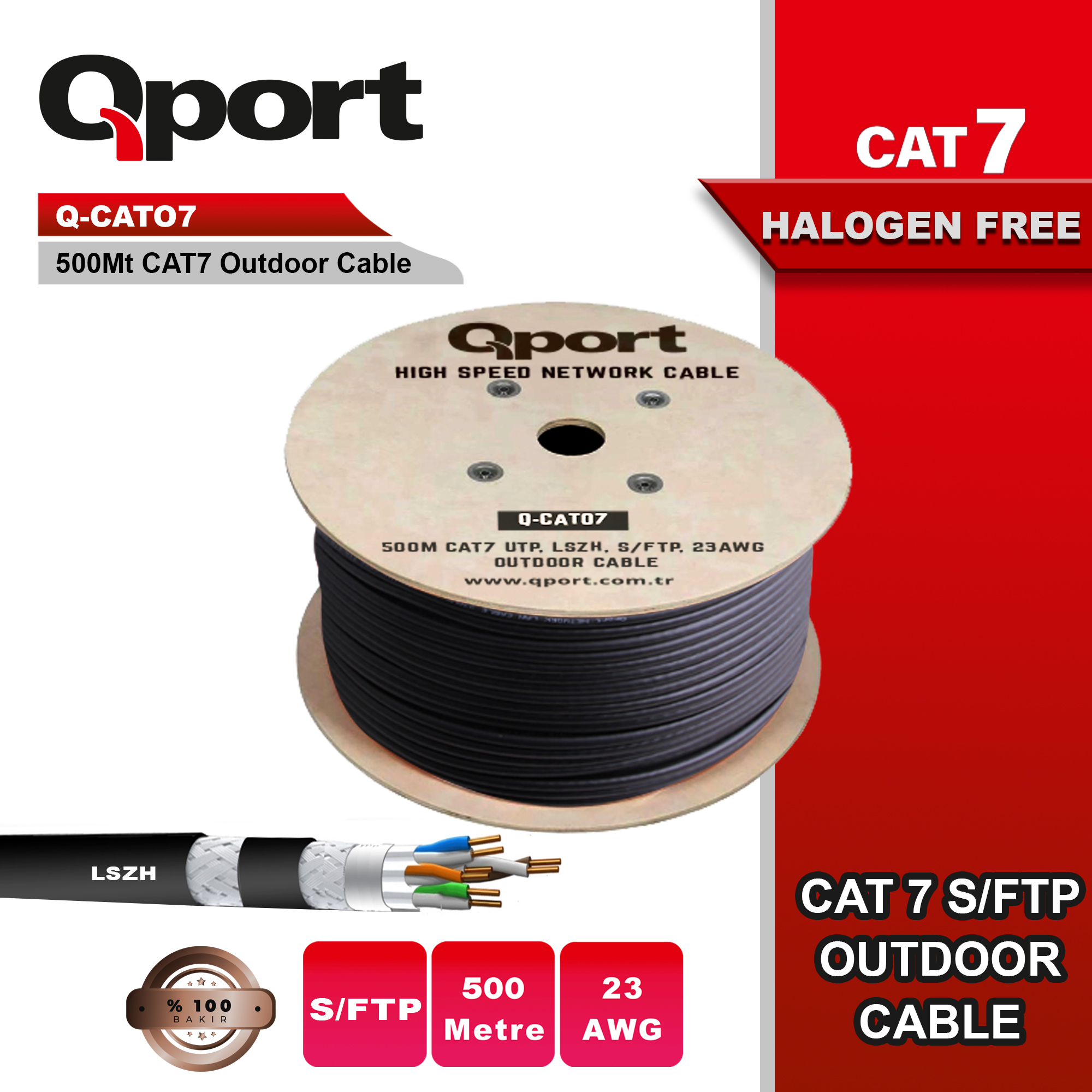 Qport Q-Cato7 500M Cat7 Lsoh S/Ftp Full Bakır 23Awg Si̇yah Halogen Free Kablo
