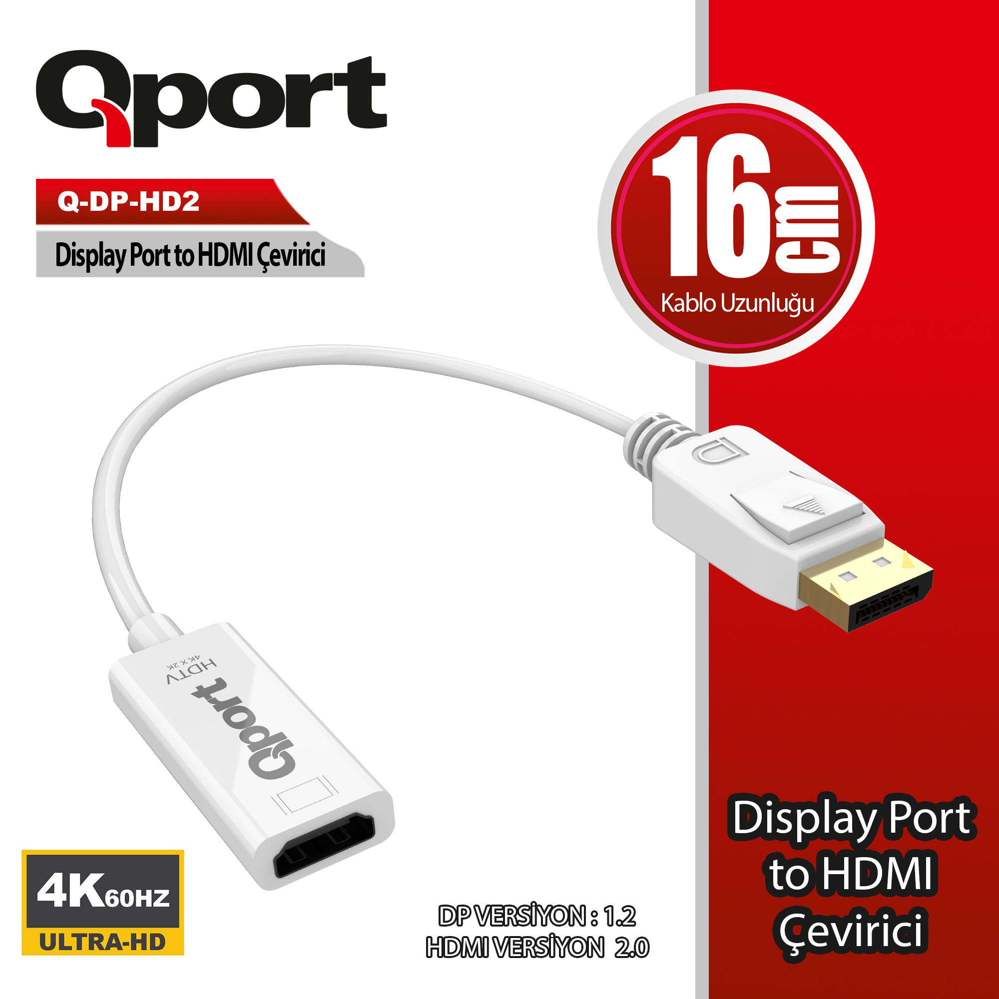 Qport Q-Dp-Hd2 Dısplay Portundan Hdmı Cevırıcı 4K 60Hz