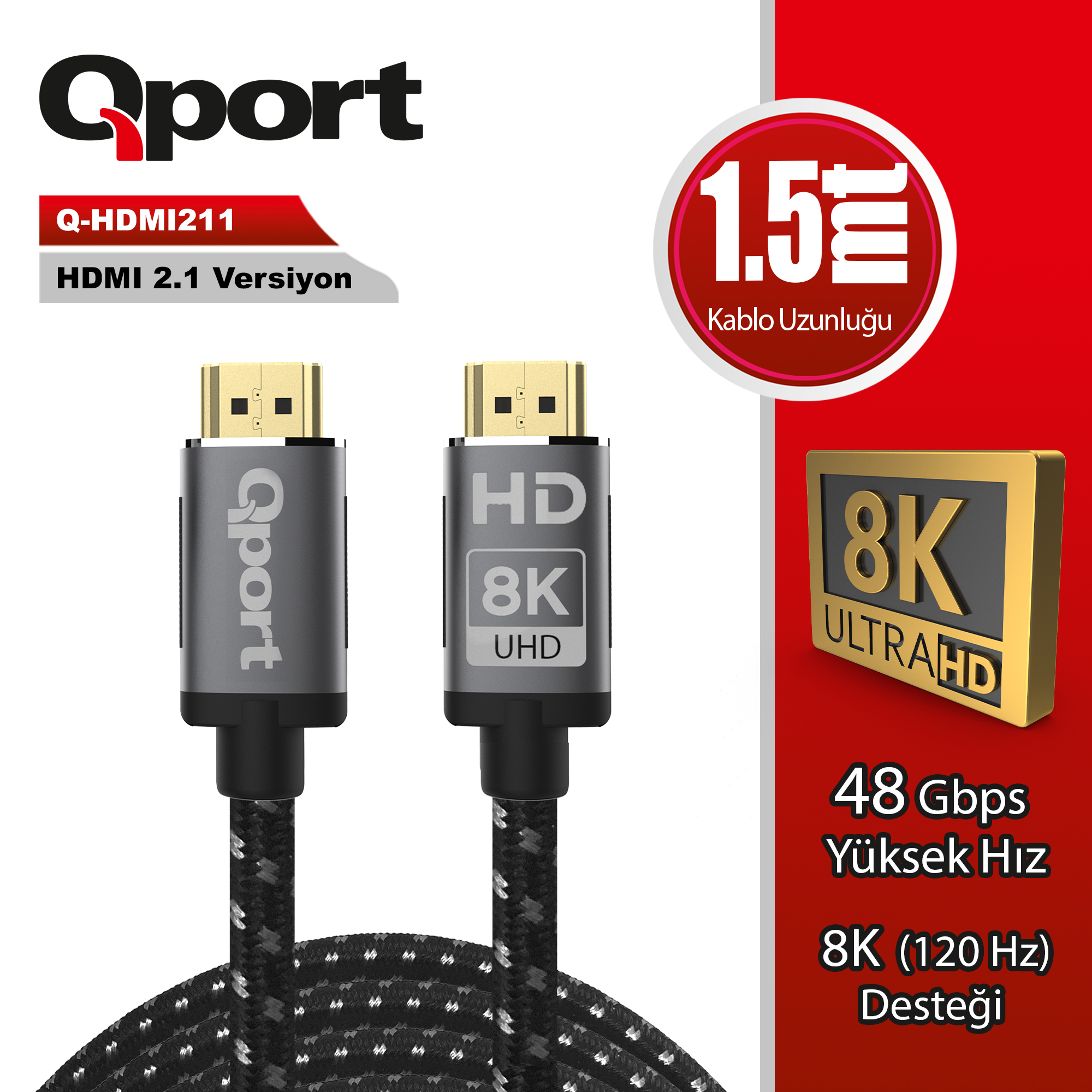 Qport Q-Hdmı211 Hdmı 2.1V 8K Altın Uçlu 1.5 Mt Kablo
