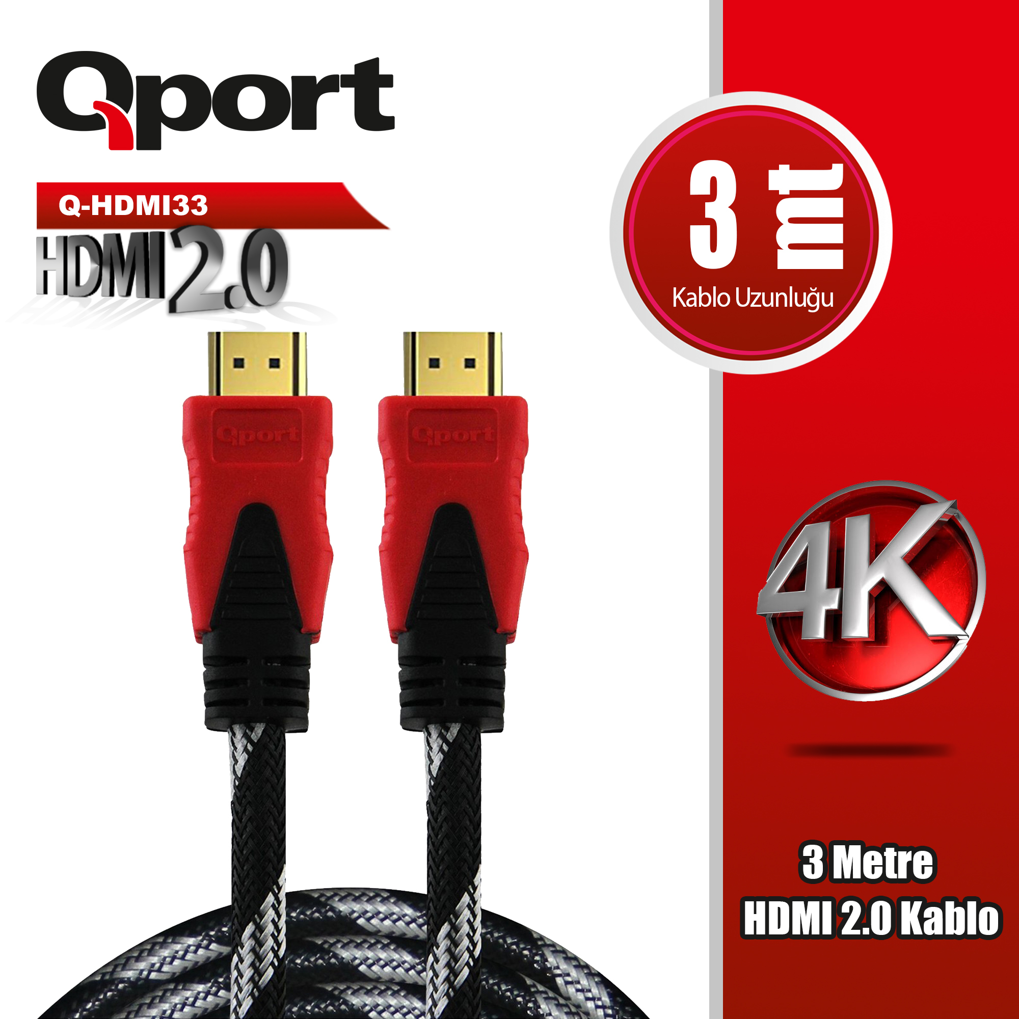 Qport Q-Hdmı33 3 Metre 2.0V 4K  Altın Uçlu Örgülü Kablo