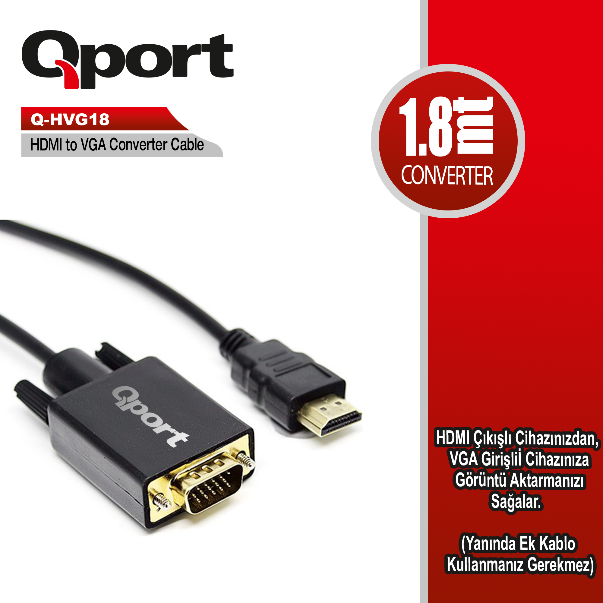 Qport Q-Hvg18 Hdmı To Vga Çevi̇ri̇ci̇ Kablo 1.8 Mt