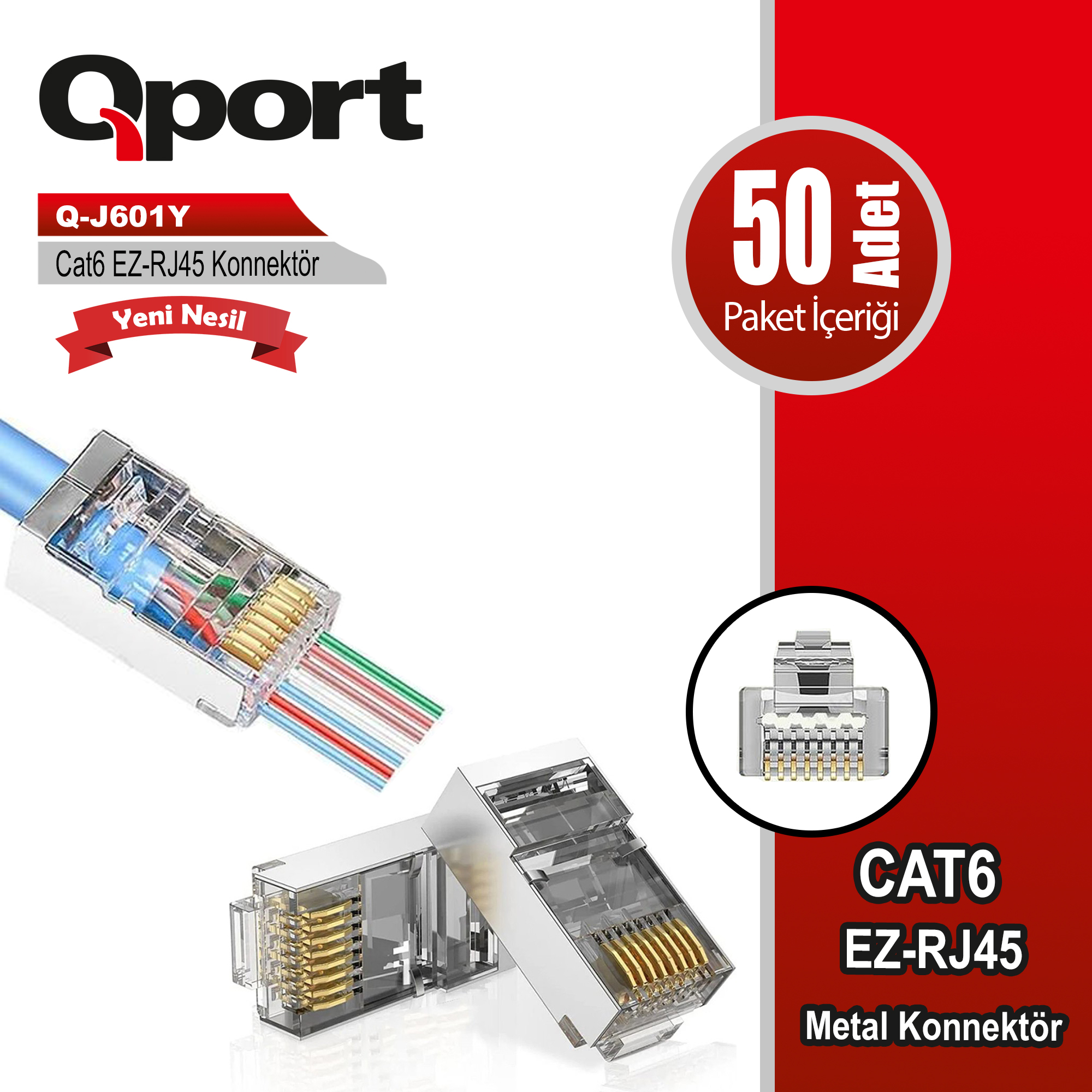 Qport Q-J601Y Cat6 50 Li̇k Paket Ez-Rj45 Metal Yeni̇ Nesi̇l Konnektör