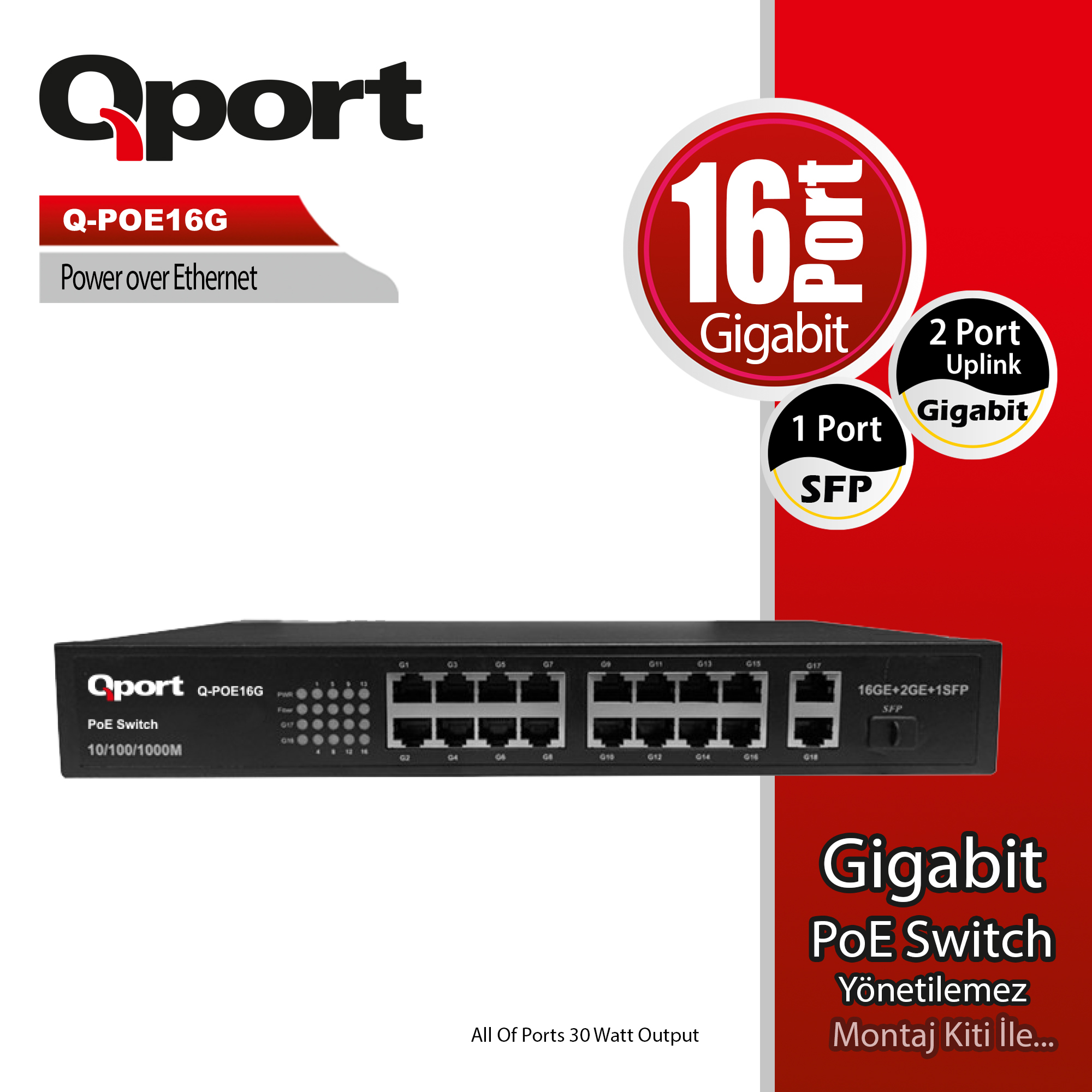 Qport Q-Poe16G 16 Port Gıgabıt + 2 Port Gıgabıt Up