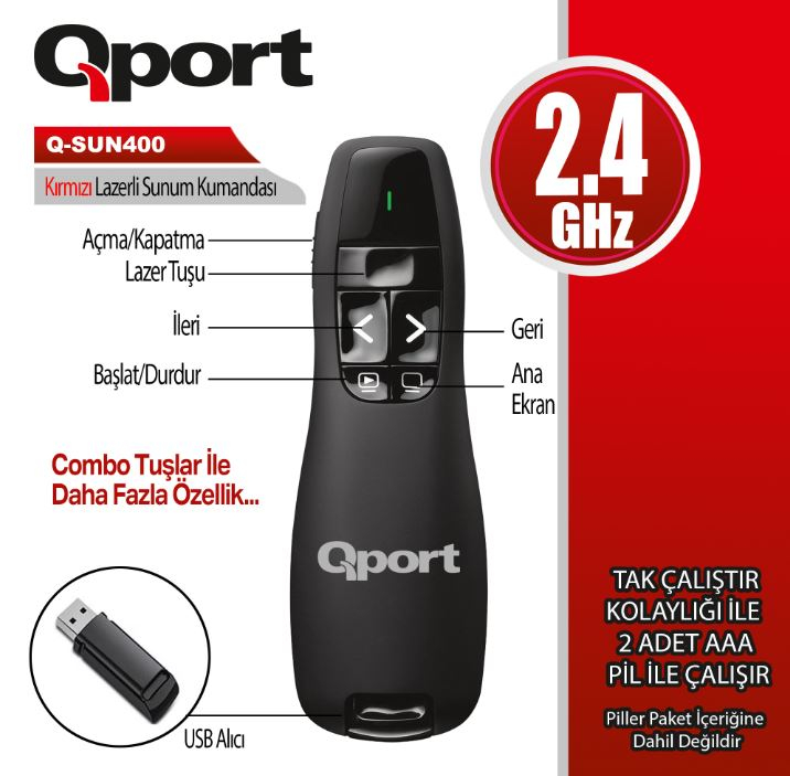 Qport Q-Sun400 2.4 Ghz Usb Kırmızı Lazerli̇ Sunum Kumandası - Presenter