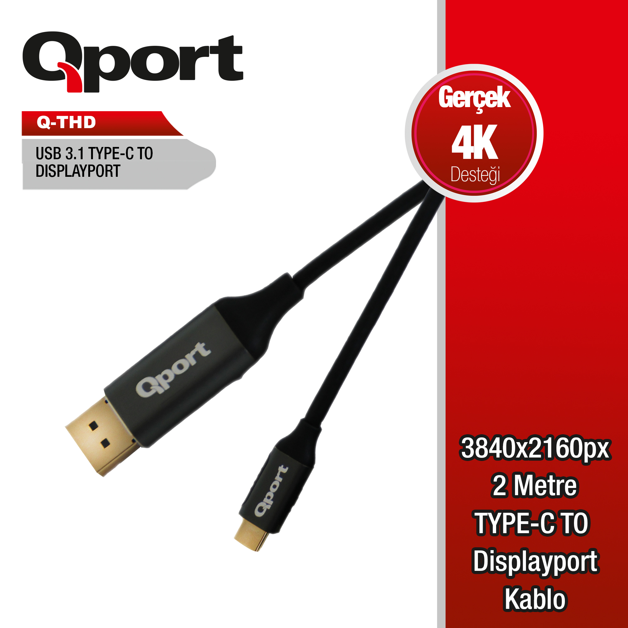 Qport Q-Thd Type-C To Dısplay Port 4K 2Mt Cevırıcı Kablo