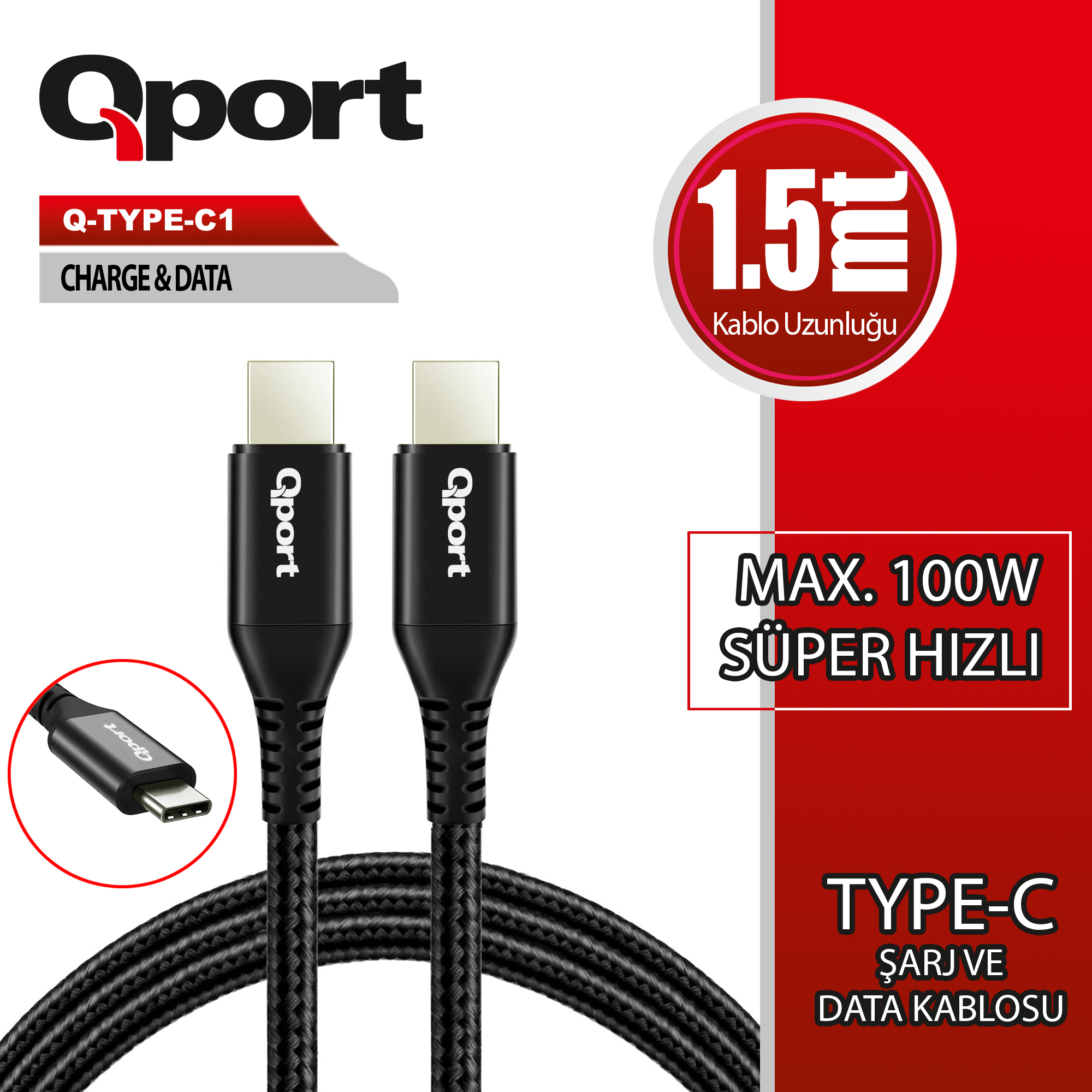 Qport Q-Type-C1 1.5M Type-C 100W Super Hızlı Pd Sarj Ve Data Kablosu