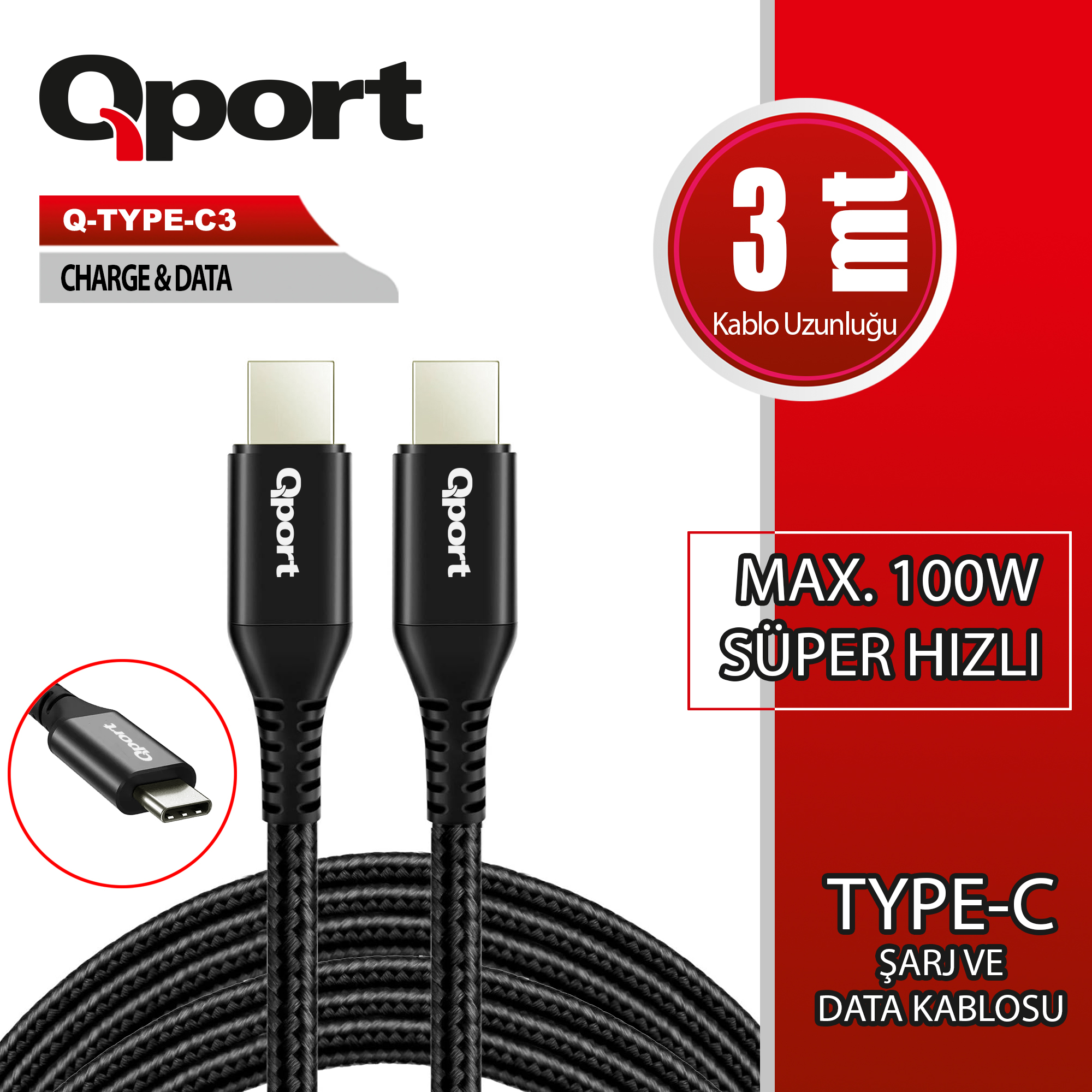 Qport Q-Type-C3 3M Type-C 100W Super Hızlı Pd Sarj Ve Data Kablosu