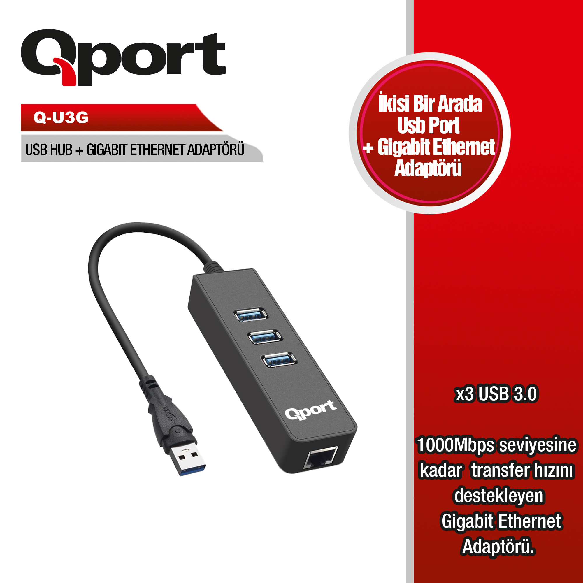 Qport Q-U3G Usb 3.0 Çoklayıcı/Gıgabıt Adaptör