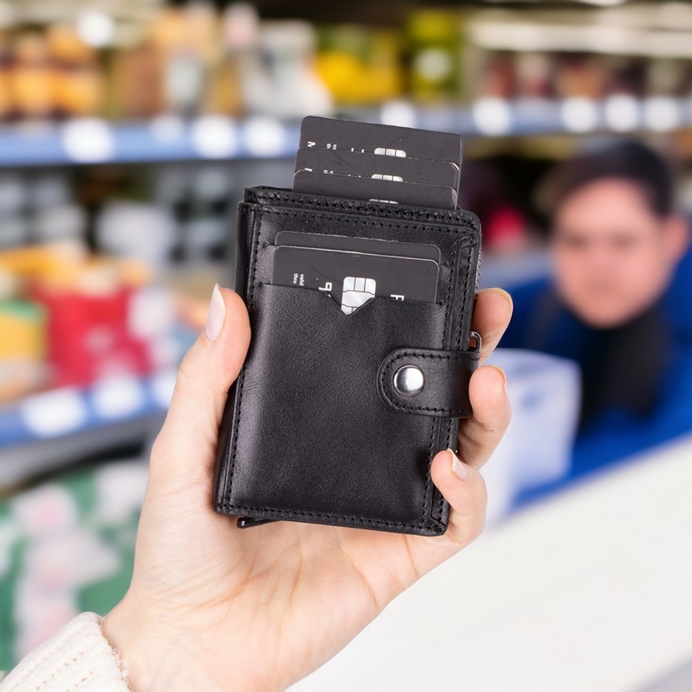 Rodos Haki̇ki̇ Deri̇, El Yapımı, Pop-Up Kartlık Cüzdan, Parlak Si̇yah