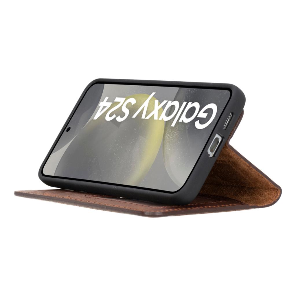 Samsung Galaxy S24 Plus Uyumlu, Deri̇ Cüzdanlı Kılıf, Anti̇k Kahve
