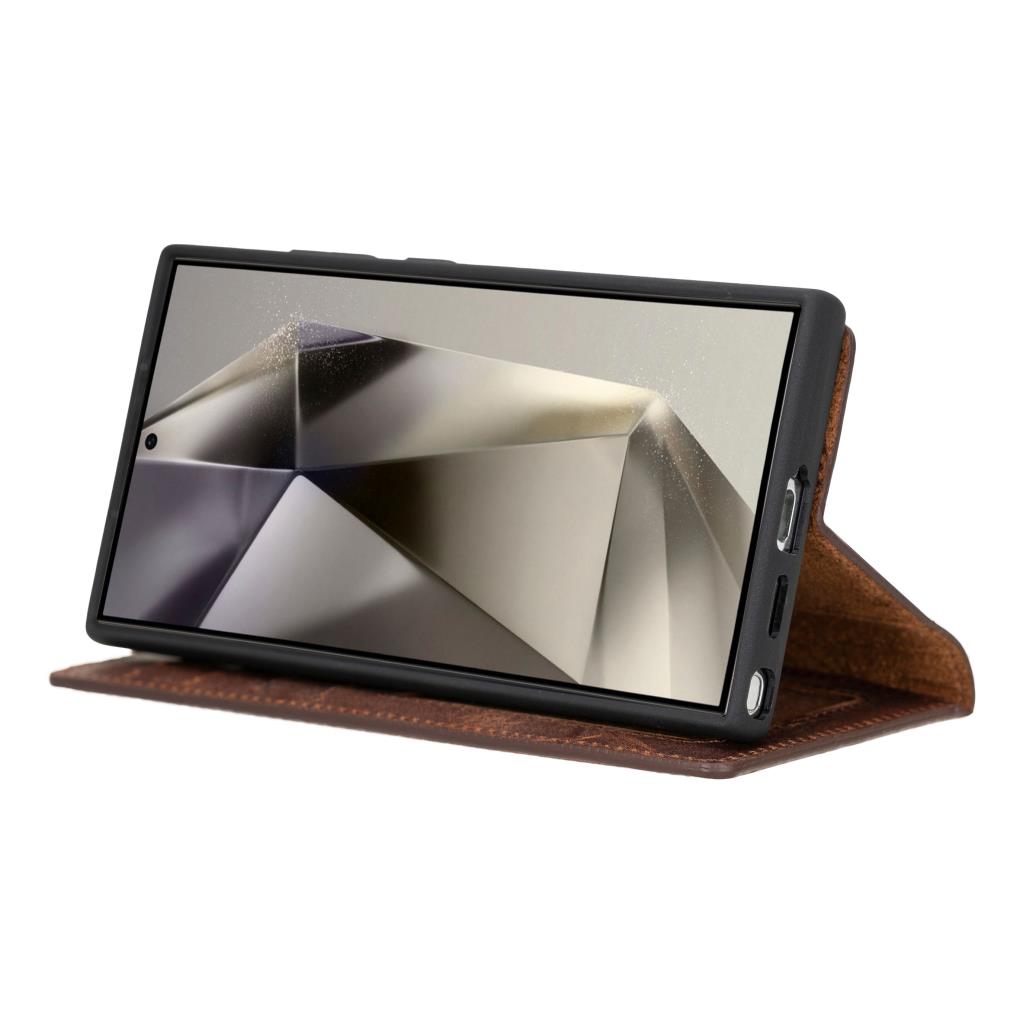 Samsung Galaxy S24 Ultra Uyumlu, Deri̇ Cüzdanlı Kılıf, Anti̇k Kahve