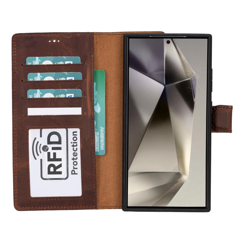 Samsung Galaxy S24 Ultra Uyumlu, Deri̇ Cüzdanlı Kılıf, Anti̇k Kahve