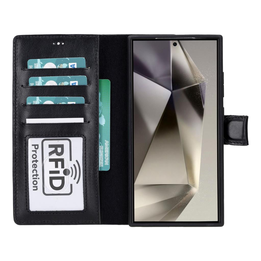 Samsung Galaxy S24 Ultra Uyumlu, Deri̇ Cüzdanlı Kılıf, Parlak Si̇yah